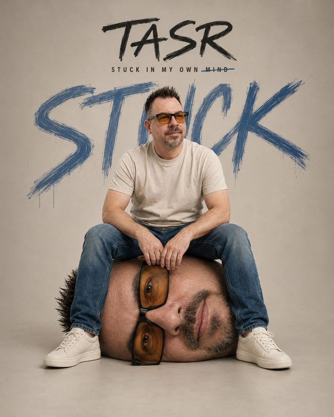 A man wearing glasses and a beige t-shirt sitting on top of a giant head lying on the ground. The head has large glasses and facial hair, and is positioned in front of a wall with graffiti-style text that reads 'TASK STUCK IN MY OWN MIND' with the word 'MIND' crossed out.