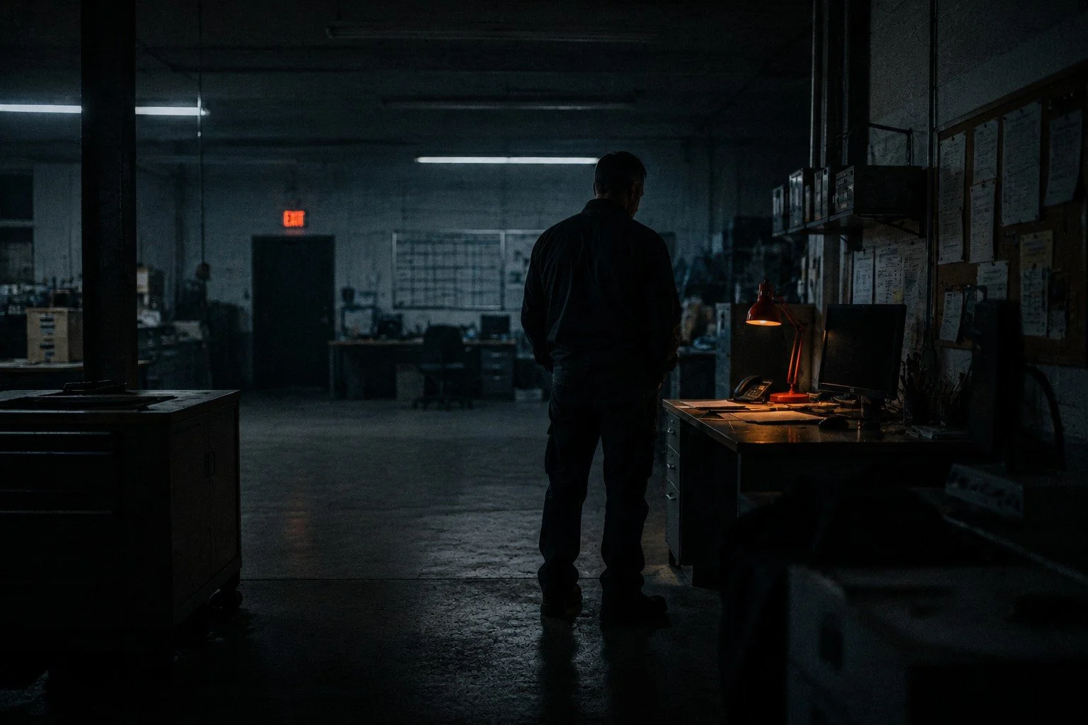 Silhouette of a man standing in a dark, dimly lit office or industrial space with a desk and computer, some papers on the wall, and an exit sign in the background.  TASR CONSULTING HERO TAKE ACTION SEE RESULTS MEN SELF HELP.