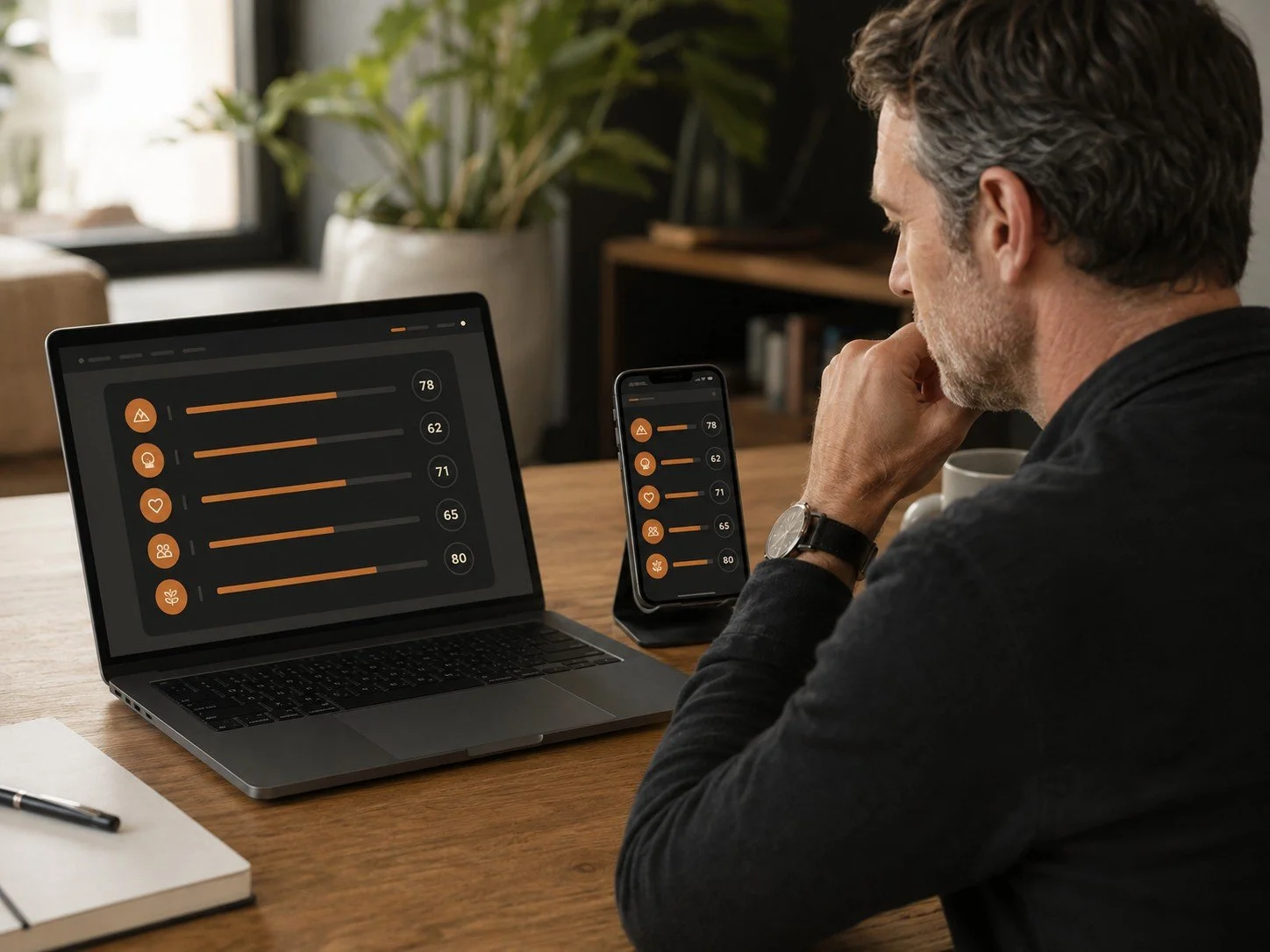 A man sitting at a wooden desk looking at a laptop and a smartphone, both displaying health or wellness tracking apps with orange and black interface elements, in a well-lit room with a window and potted plant in the background.