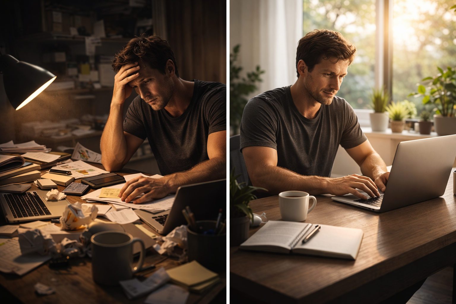 Side-by-side comparison of a man looking stressed and overwhelmed at a cluttered, messy desk in a dark room on the left, and the same man calm and focused working at a clean, organized desk in a bright room on the right.