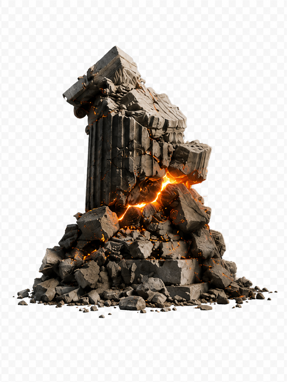 Broken ancient stone column with glowing cracks and ash on the ground. TASR CONSULTING HERO TAKE ACTION SEE RESULTS MEN SELF HELP.