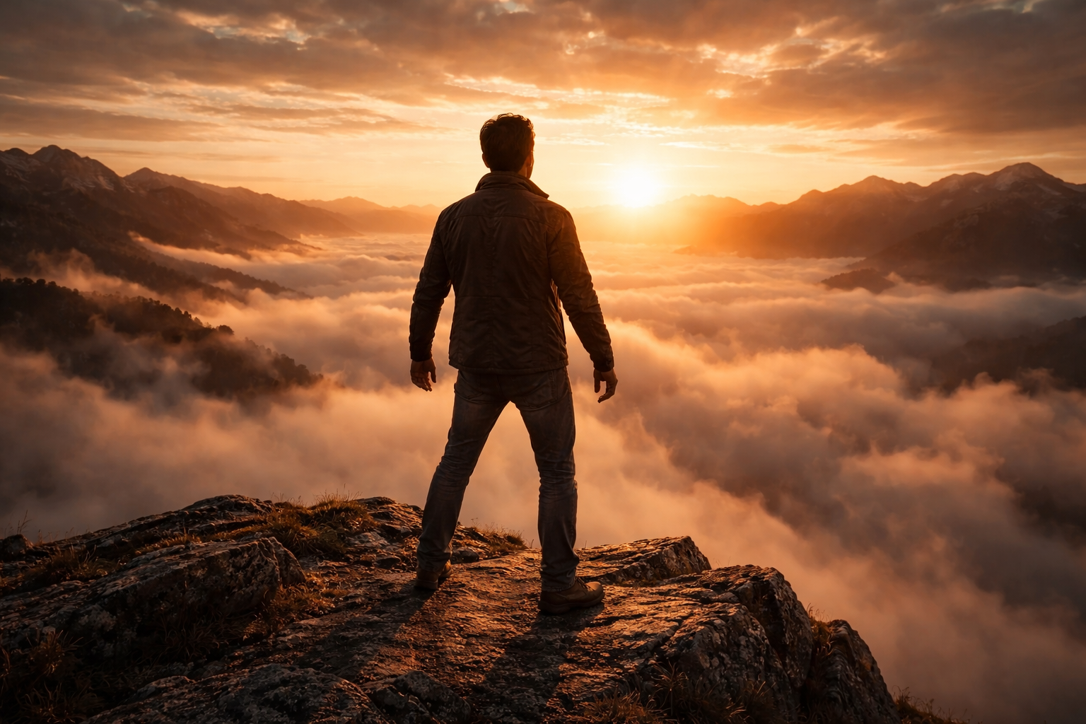 A person standing on a rocky ledge overlooking a valley filled with clouds during sunrise or sunset.