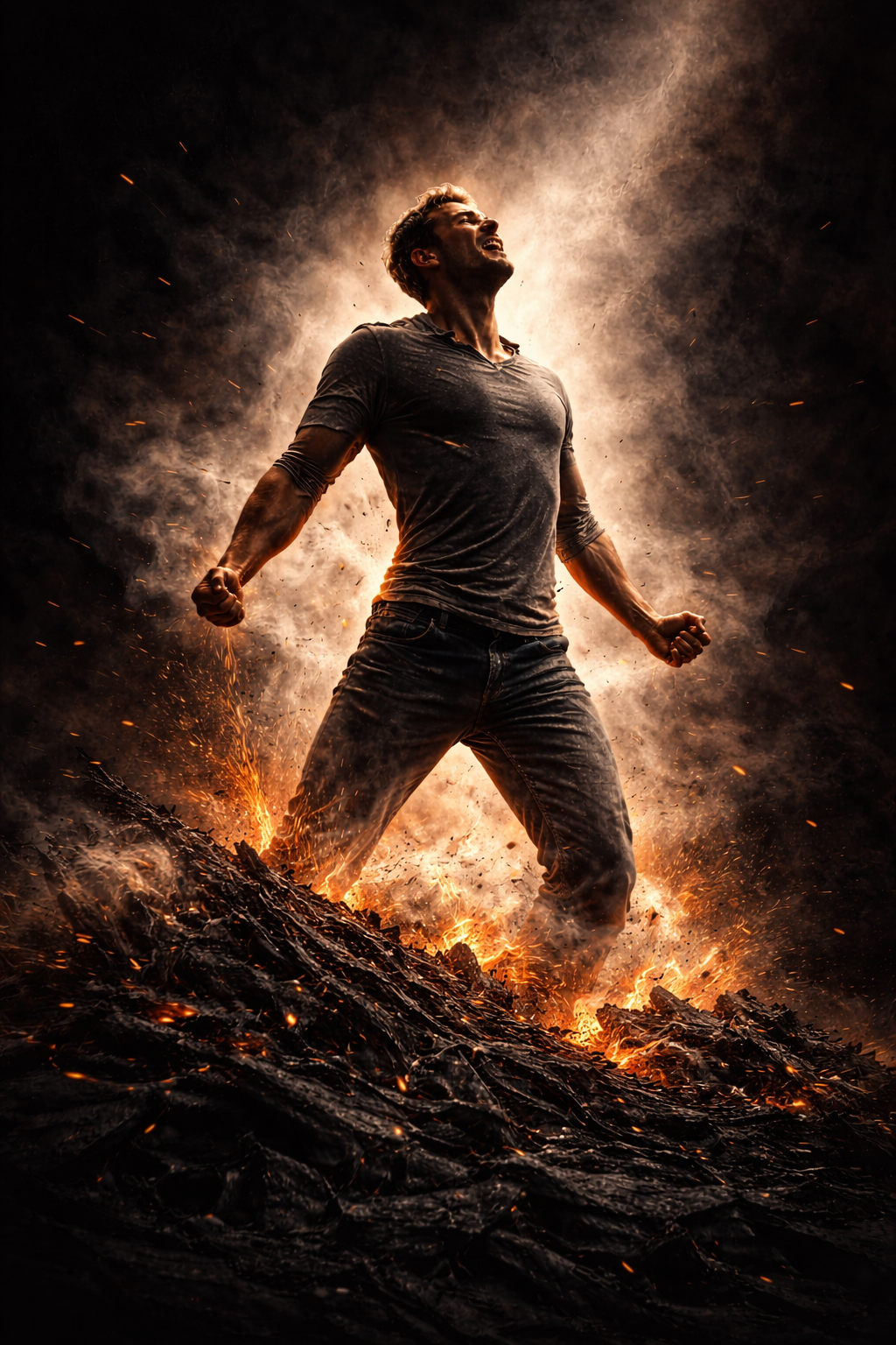 A man standing on burning, charred ground with orange flames and smoke behind him, fists clenched, head tilted back, expression of power or triumph.