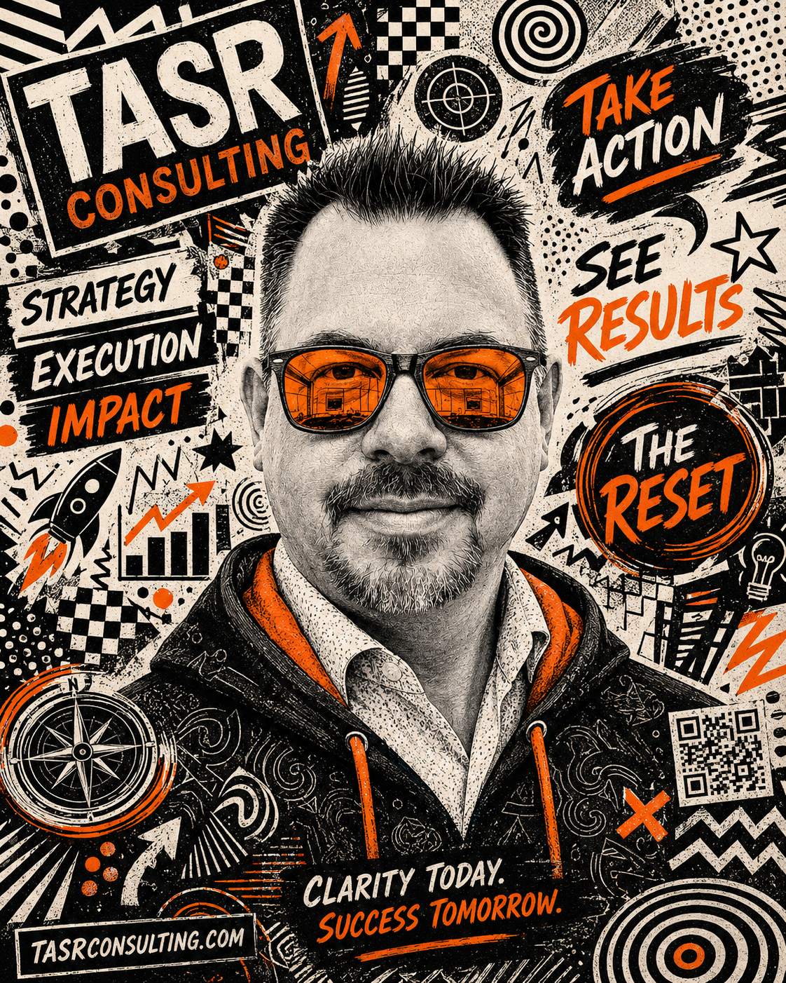 A man wearing sunglasses with orange reflections, surrounded by illustrations and text promoting consulting, strategy, action, and success, with phrases like "Take Action," "See Results," and "Clarity Today, Success Tomorrow."