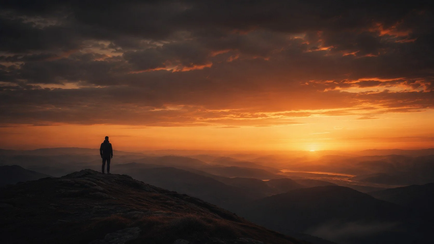 A person standing on a mountain ridge watching a sunset over mountains and clouds.  TASR CONSULTING HERO TAKE ACTION SEE RESULTS MEN SELF HELP.