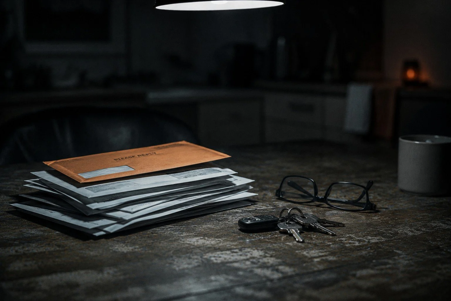 Stack of mail, eyeglasses, car keys, and a mug on a dark wooden table in a dimly lit kitchen.  TASR CONSULTING HERO TAKE ACTION SEE RESULTS MEN SELF HELP.