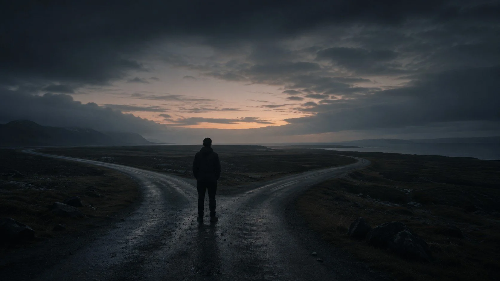 A person standing on a fork in a dirt road during sunset or dawn, with dark clouds overhead and mountains in the background. TASR CONSULTING MENS MENTAL HEALTH