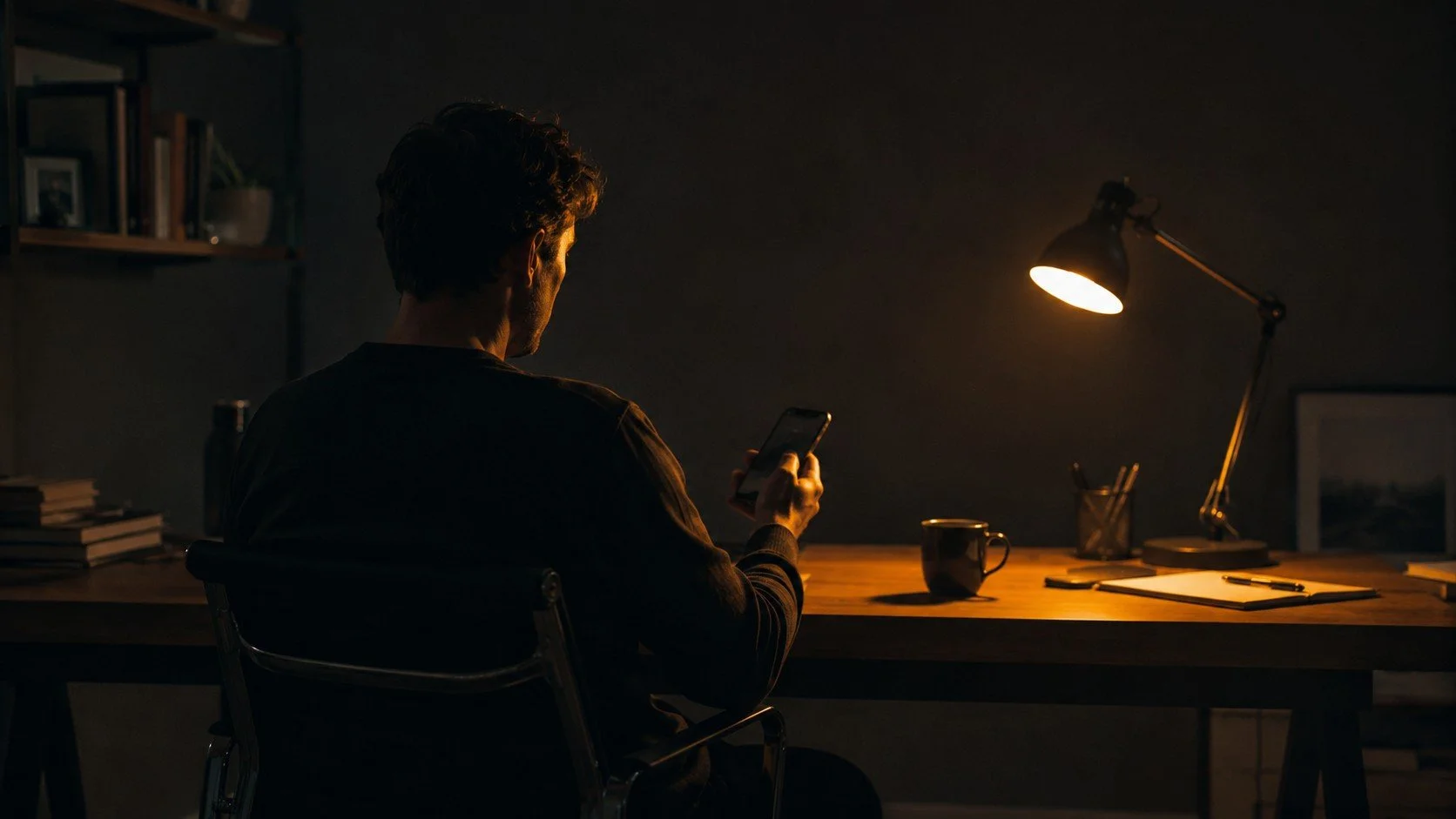 A person sitting at a desk in a dimly lit room, looking at their phone. The desk has a lamp, a mug, some books, and stationery.