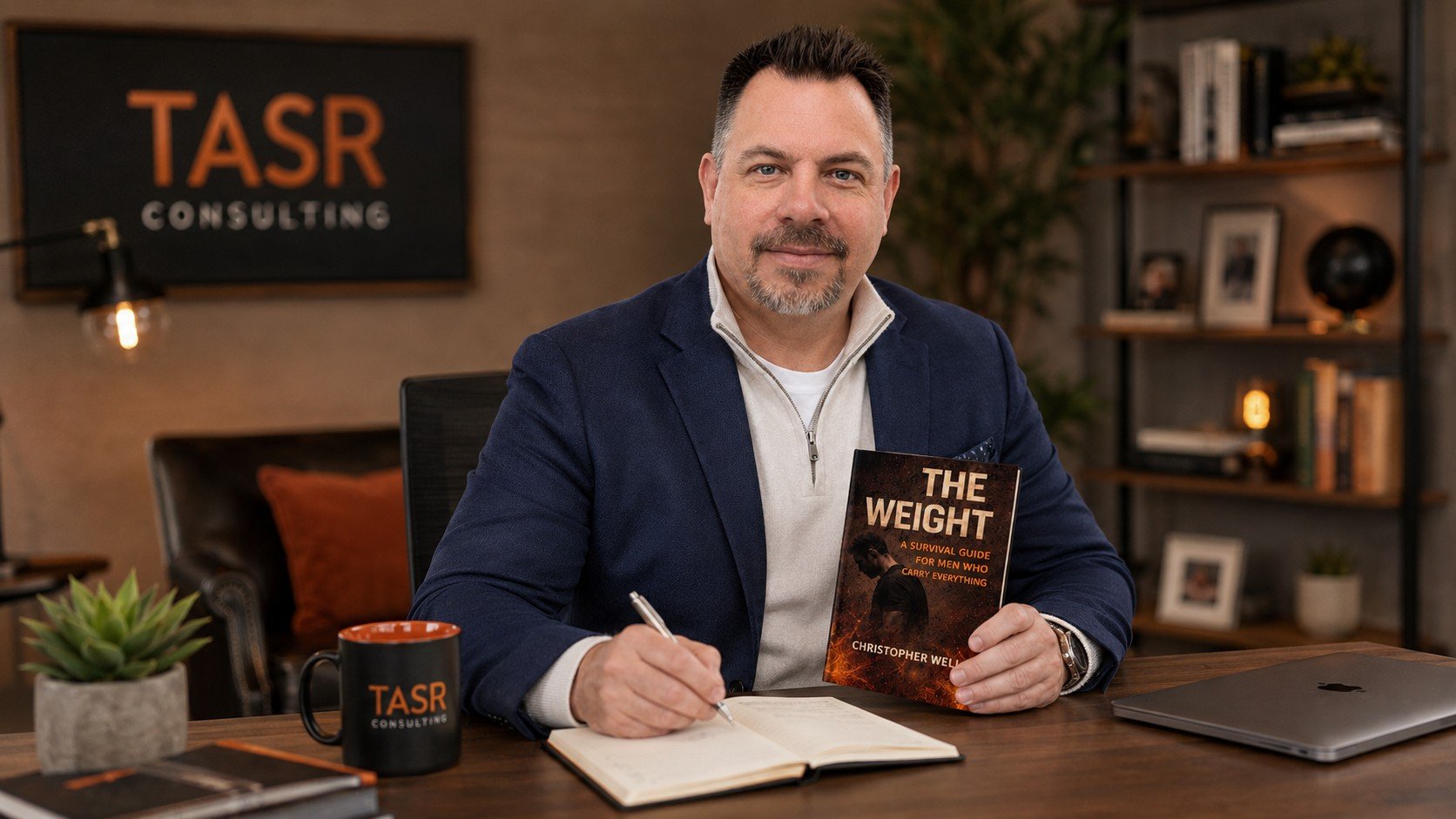 Chris Wells sitting at a desk holding a book titled 'The Weight' and signing a notebook. The desk has a laptop, a coffee mug with 'TASR Consulting' on it