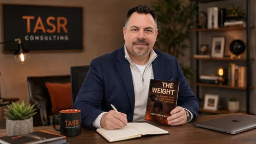 Christopher Wells writing at desk with TASR Consulting book