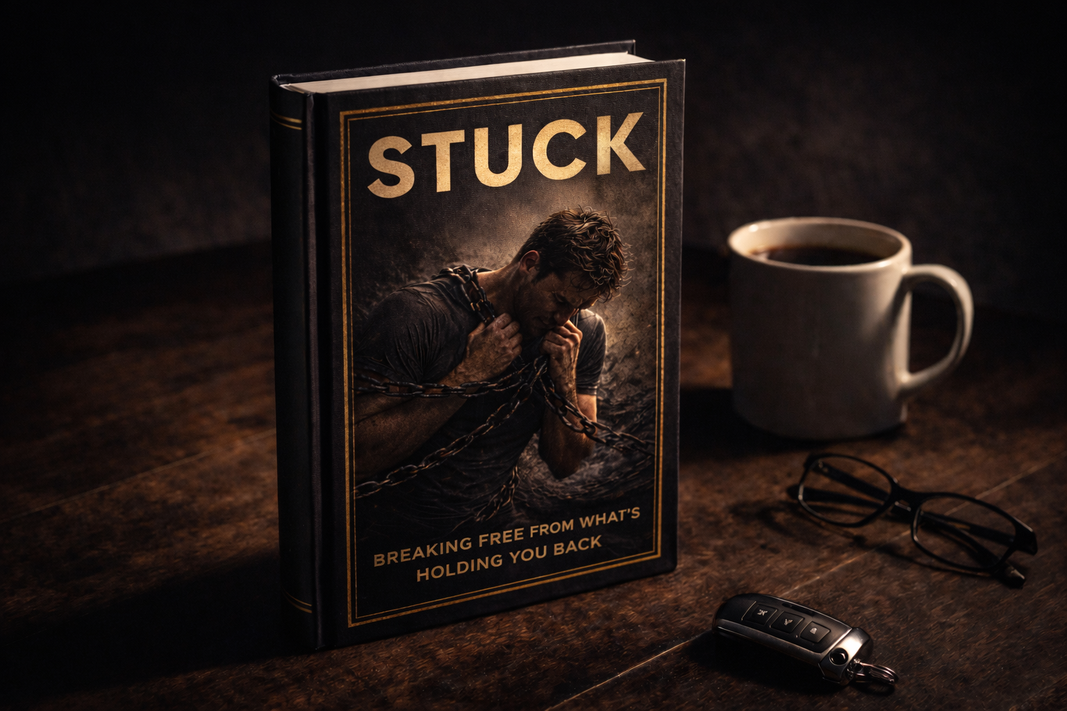 Book titled 'STUCK' with a man on the cover holding chains, a coffee mug, a pair of glasses, and car keys on a wooden table