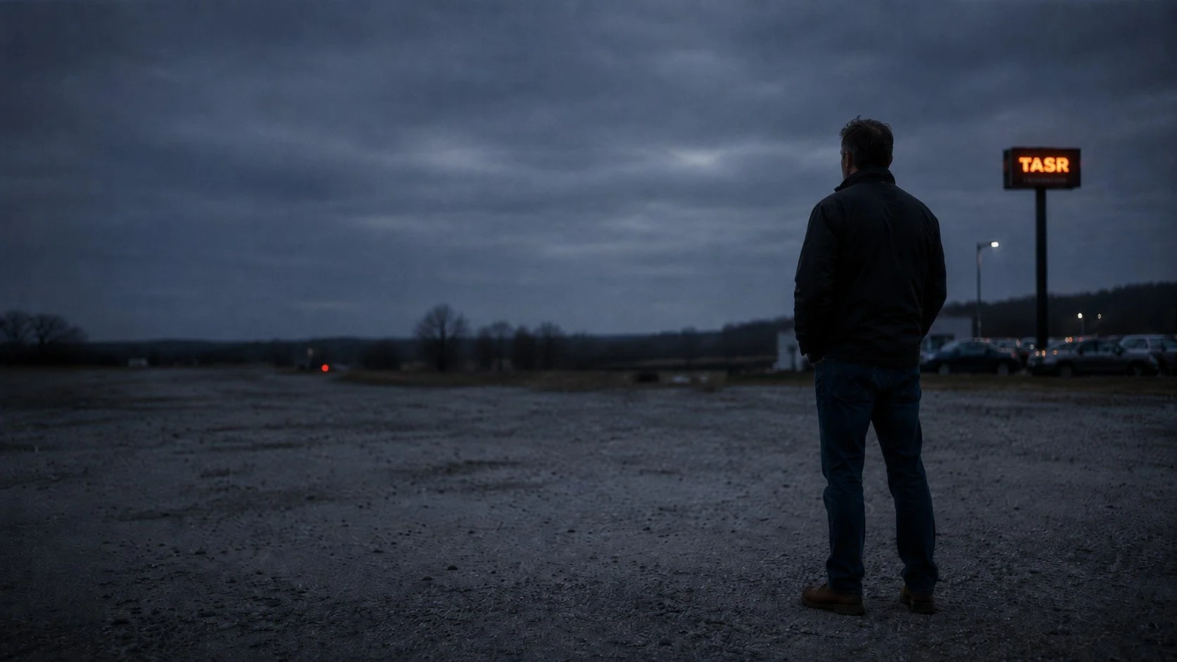 A man wearing a black jacket and jeans standing alone in a parking lot at dusk or dawn, looking toward a traffic sign that reads "TASR" with a cloudy sky overhead.  TASR CONSULTING HERO TAKE ACTION SEE RESULTS MEN SELF HELP.