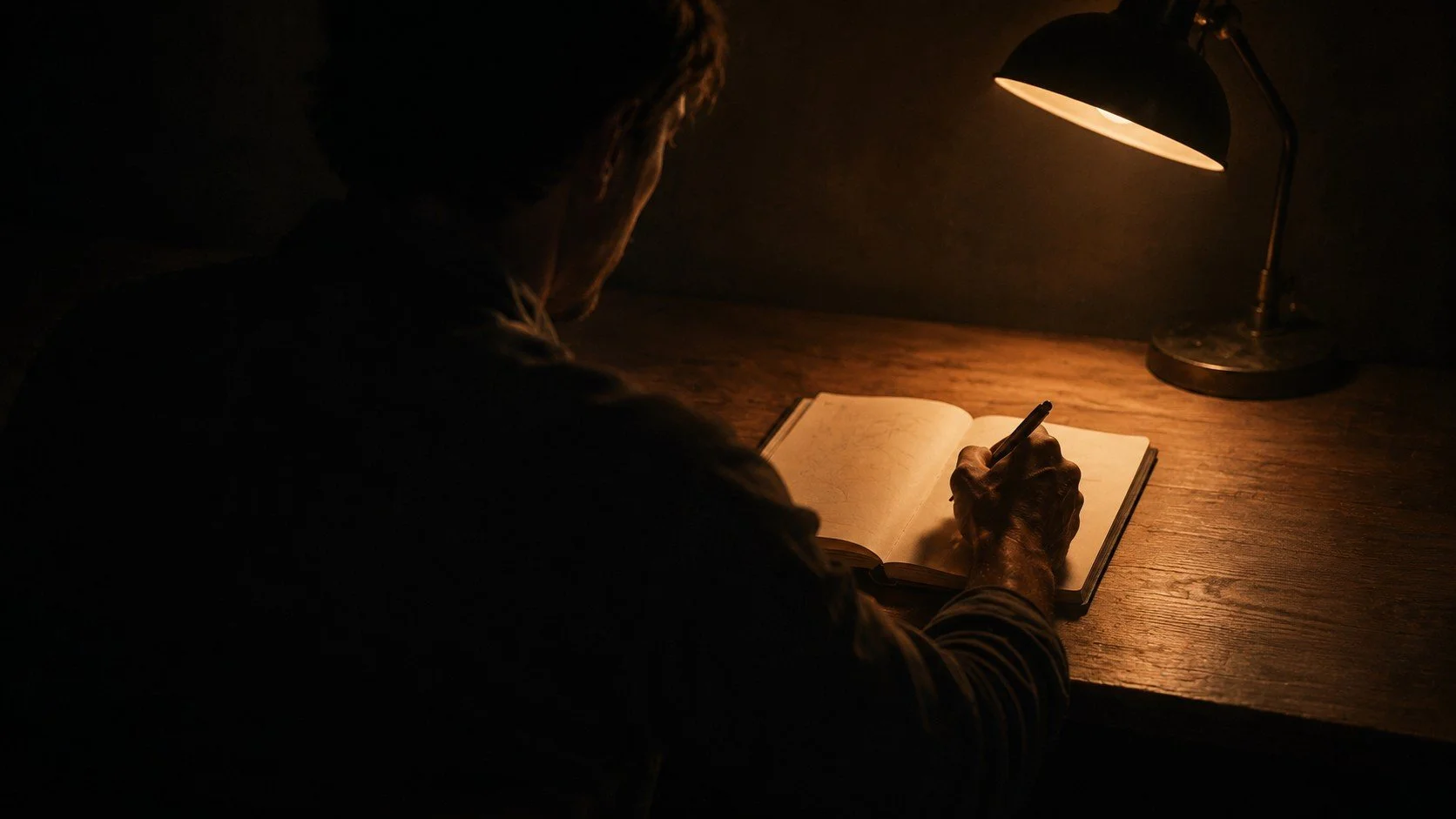 A person sitting at a wooden desk writing in a notebook under a warm desk lamp in a dark room.