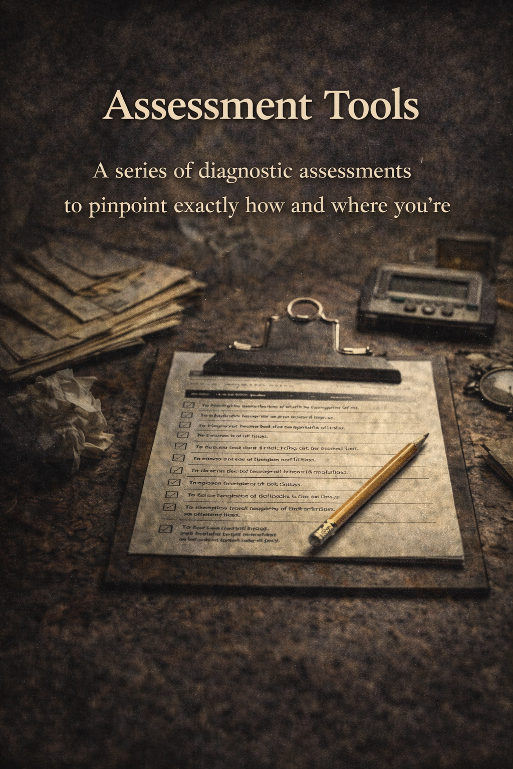 Close-up of a clipboard with a checklist, a pen, and various old items on a wooden table, with text overlay that reads 'Assessment Tools' and describes diagnostic assessments.