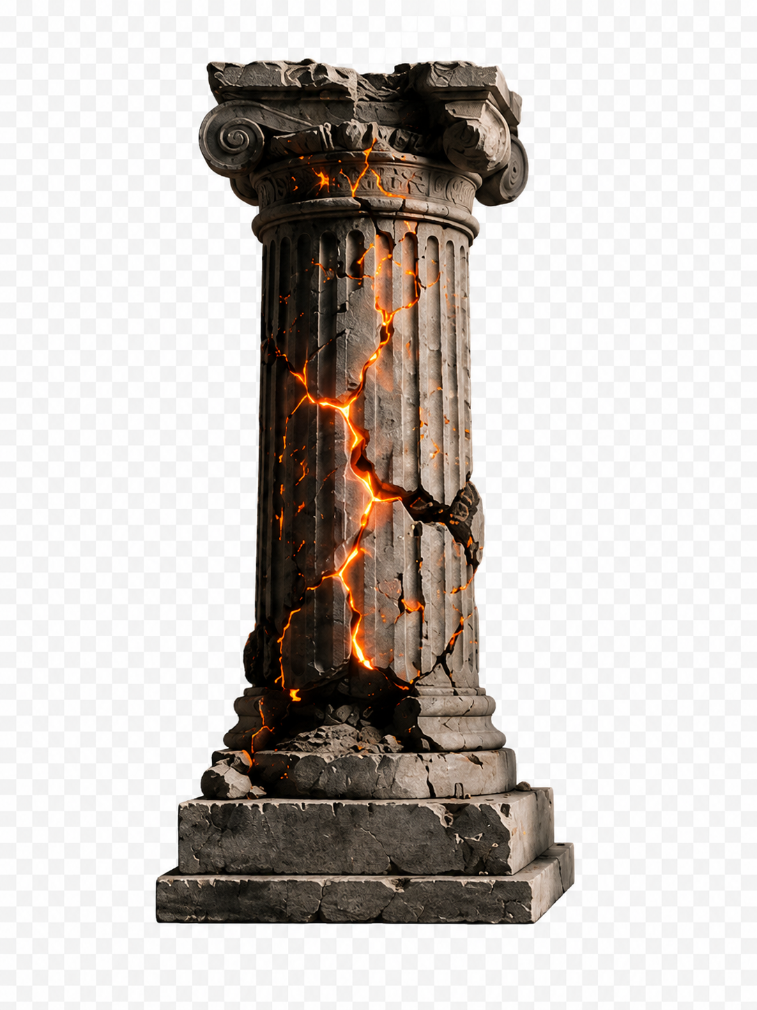 Ancient Greek-style marble column with cracks and glowing lava-like fissures.  TASR CONSULTING HERO TAKE ACTION SEE RESULTS MEN SELF HELP.