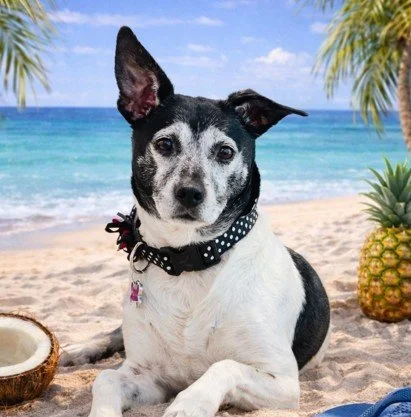 Small dog with black and white fur sitting on a beach with palm trees, pineapples, coconut, and ocean in the background.