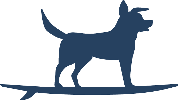 A silhouette of a dog with pointed ears and a wagging tail, standing on a surfboard.