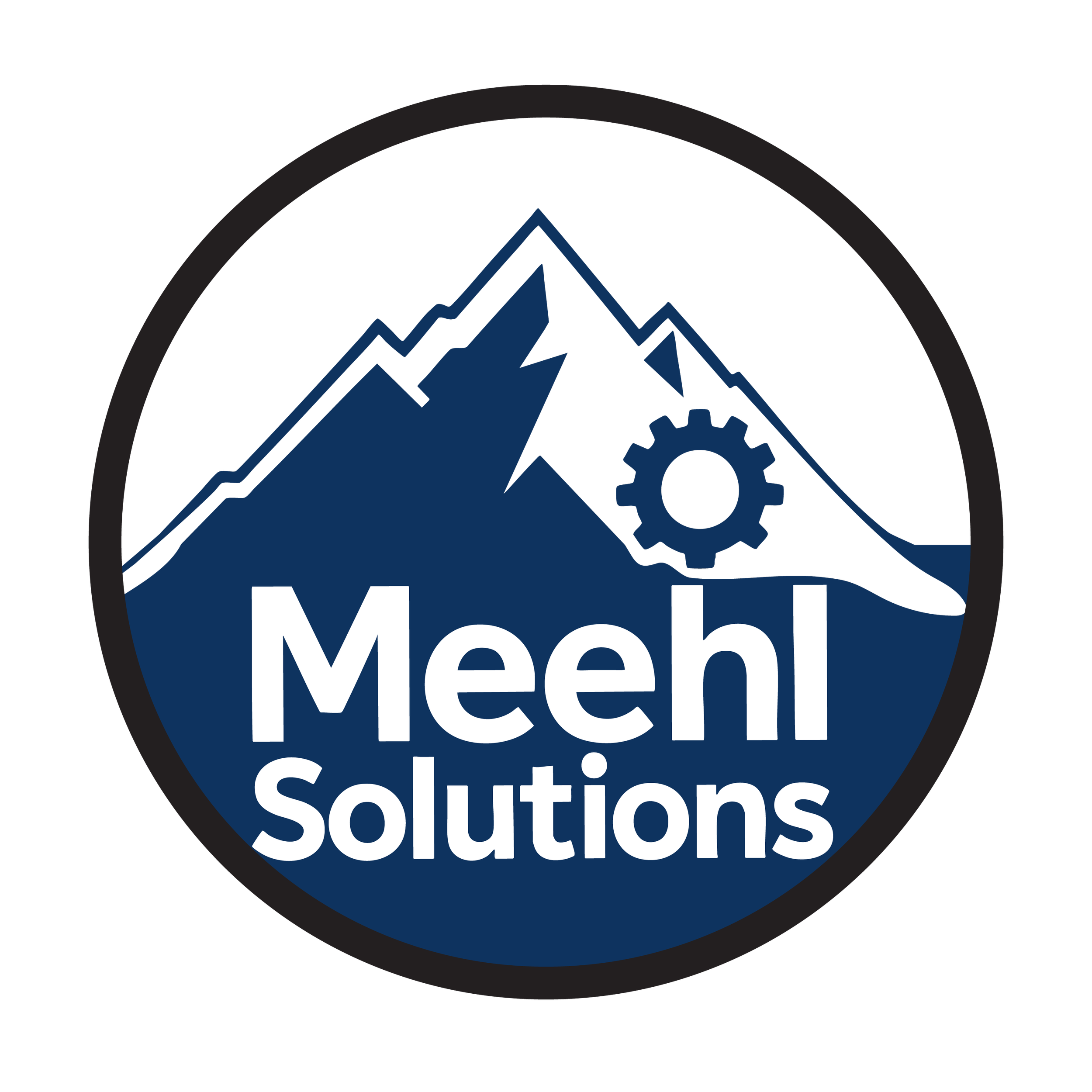 A circular logo featuring mountain peaks, a gear, and the text 'Mesh Solutions'.