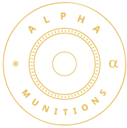 Logo with a gold circle and Greek letters Alpha and Alpha Munitions