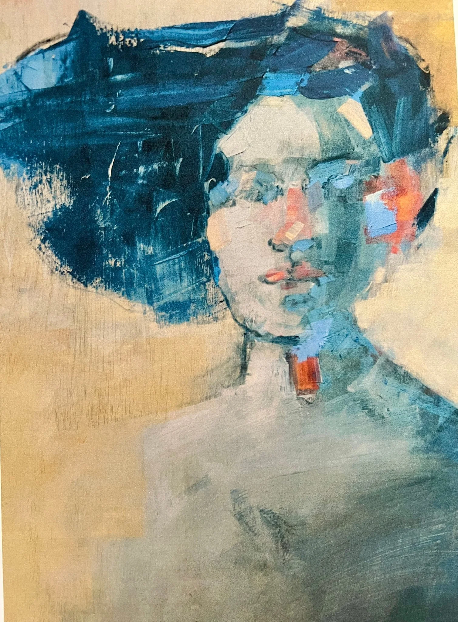 A portrait of a young woman with short blue hair, painted in an abstract style with bold brushstrokes and a muted color palette.