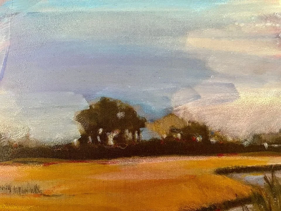 A watercolor painting of a rural landscape with trees, a cloudy sky, and a field with a small water body in the foreground.