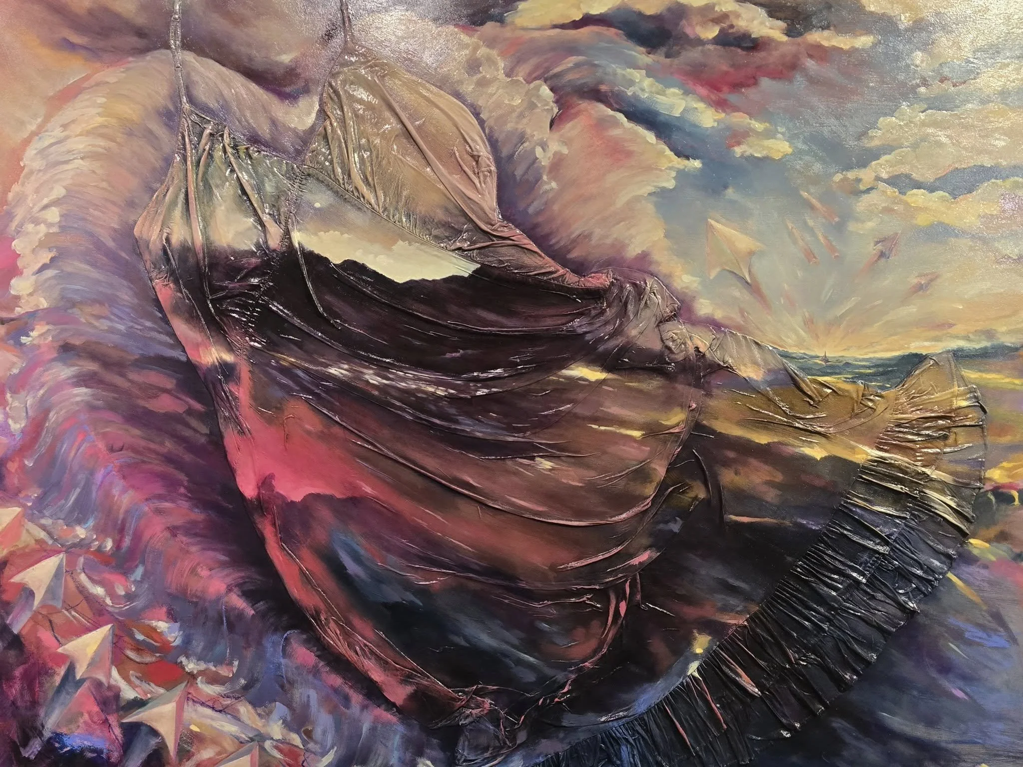 A painted scene of a large flying flag with the American flag design, surrounded by colorful clouds and kites in the sky.