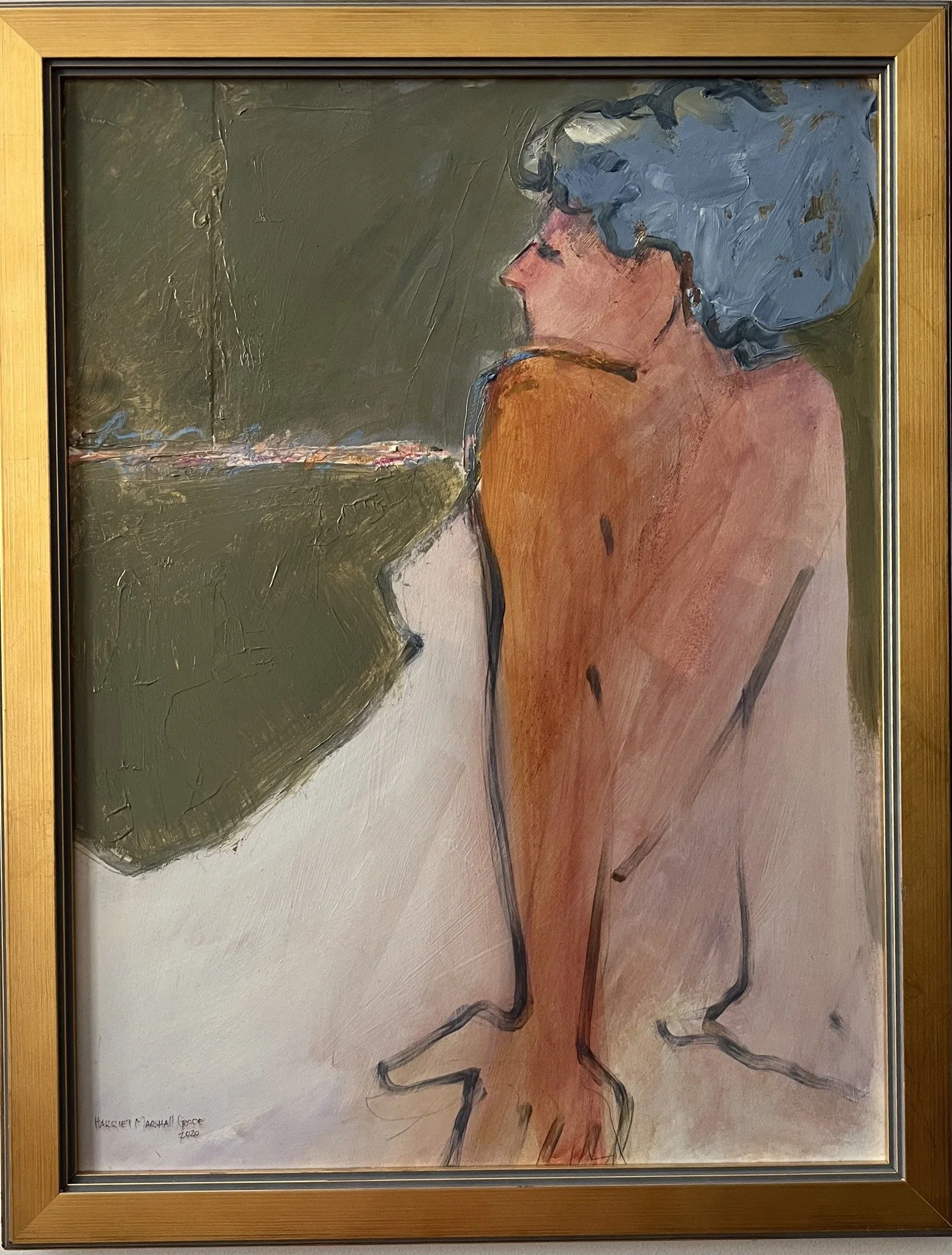 An abstract painting of a person with blue hair, sitting with their back to the viewer, in a mix of earthy tones and textured brushstrokes, framed in a wood frame.