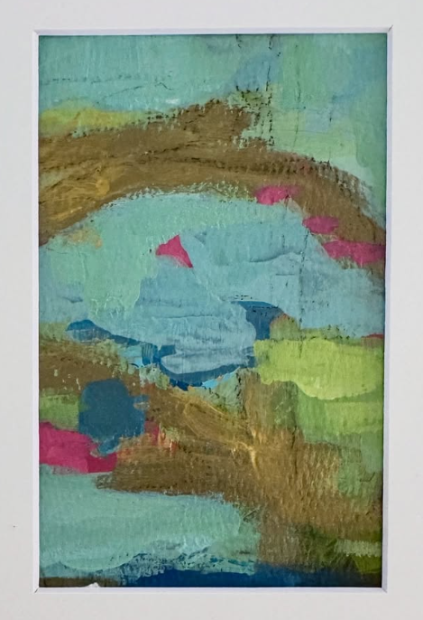 Abstract painting with large brushstrokes in shades of green, blue, brown, pink, and yellow.