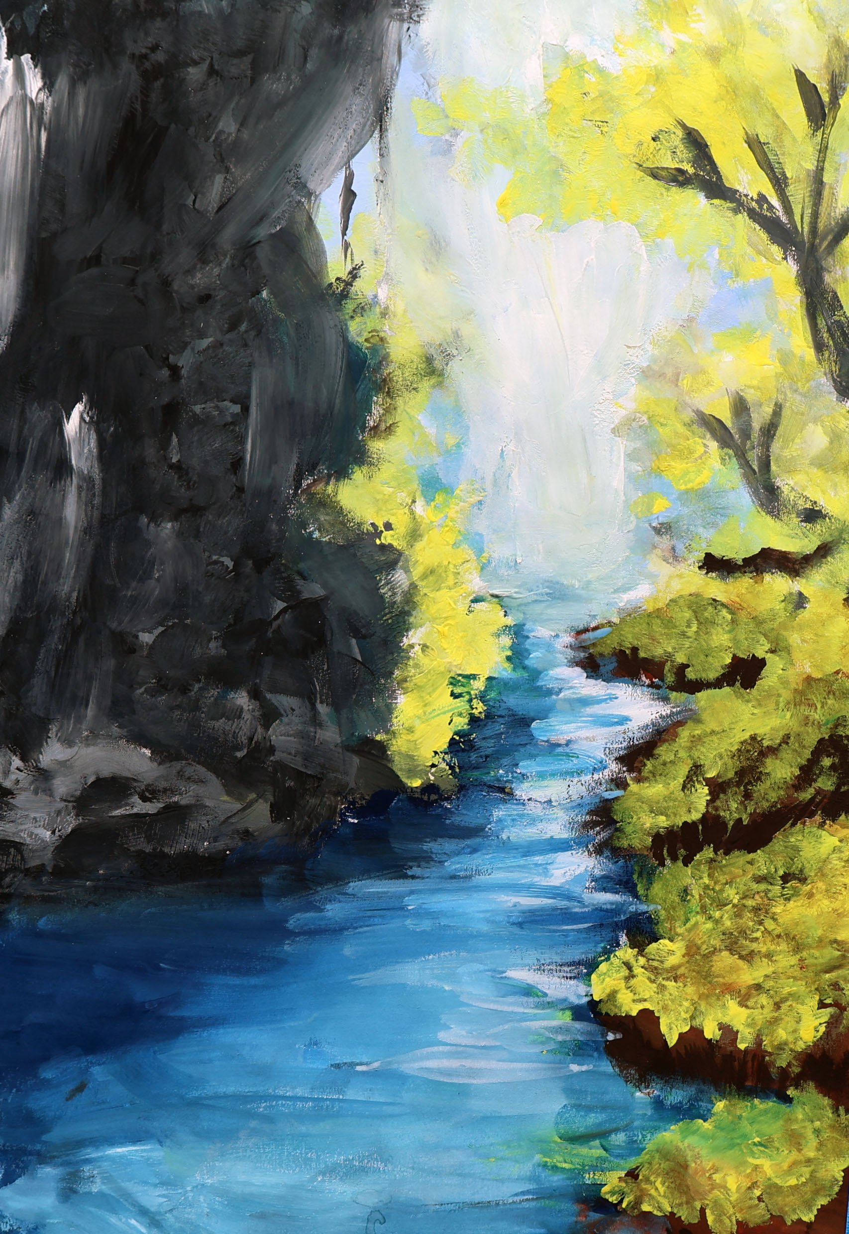 A landscape painting depicting a river flowing between green bushes and trees on the right and a dark cliff or mountain on the left with sunlight filtering through the foliage.