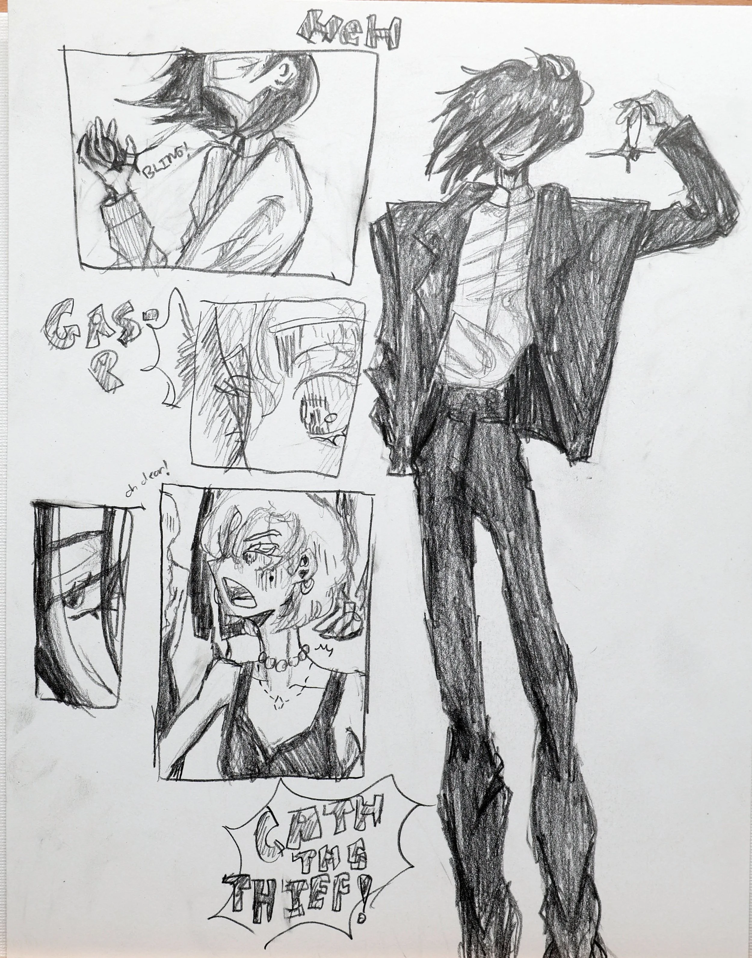 A pencil sketch of a person in a stylish outfit, with long, wild hair, wearing a blazer, shirt, and pants, holding a pair of scissors. Surrounding the figure are smaller comic-style panels with characters, speech bubbles, and texts such as 'Yeah', 'G