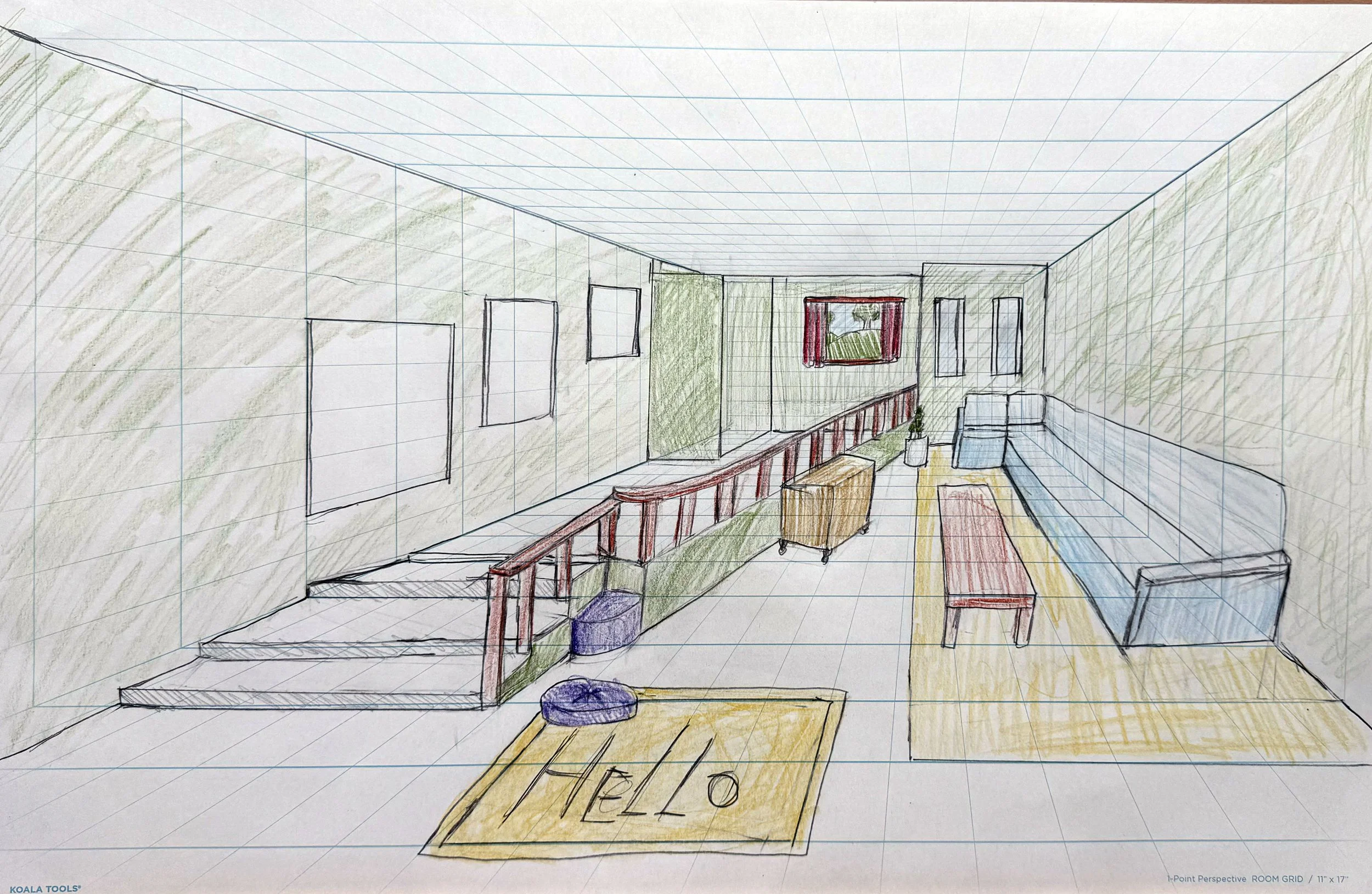 Colorful interior sketch of a living room featuring a staircase, a long green cabinet, wall art, a blue sofa, a small table, and a rug with the word 'HELLO' on it.