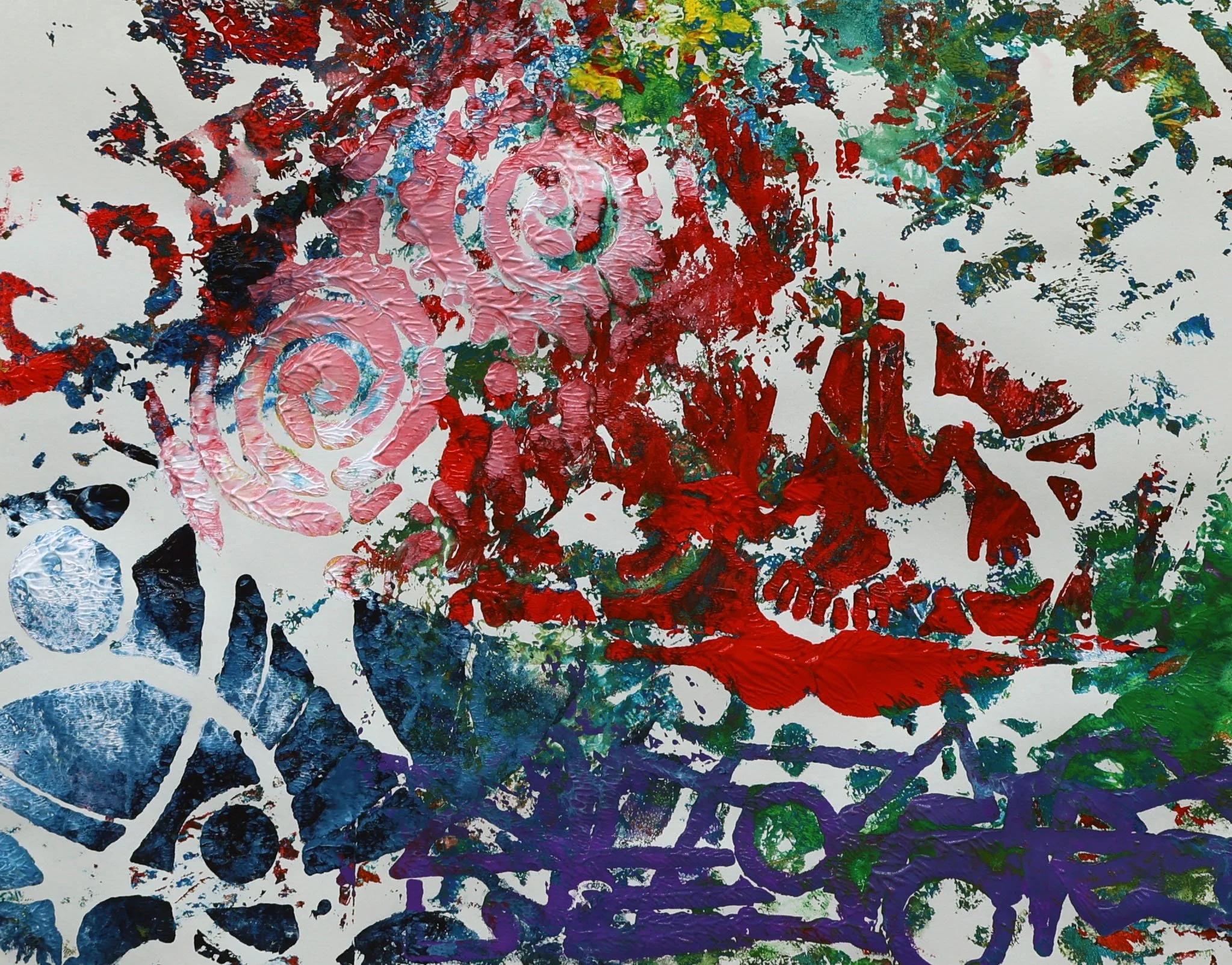Abstract colorful painting with red, pink, green, blue, purple, and black textured strokes on white background