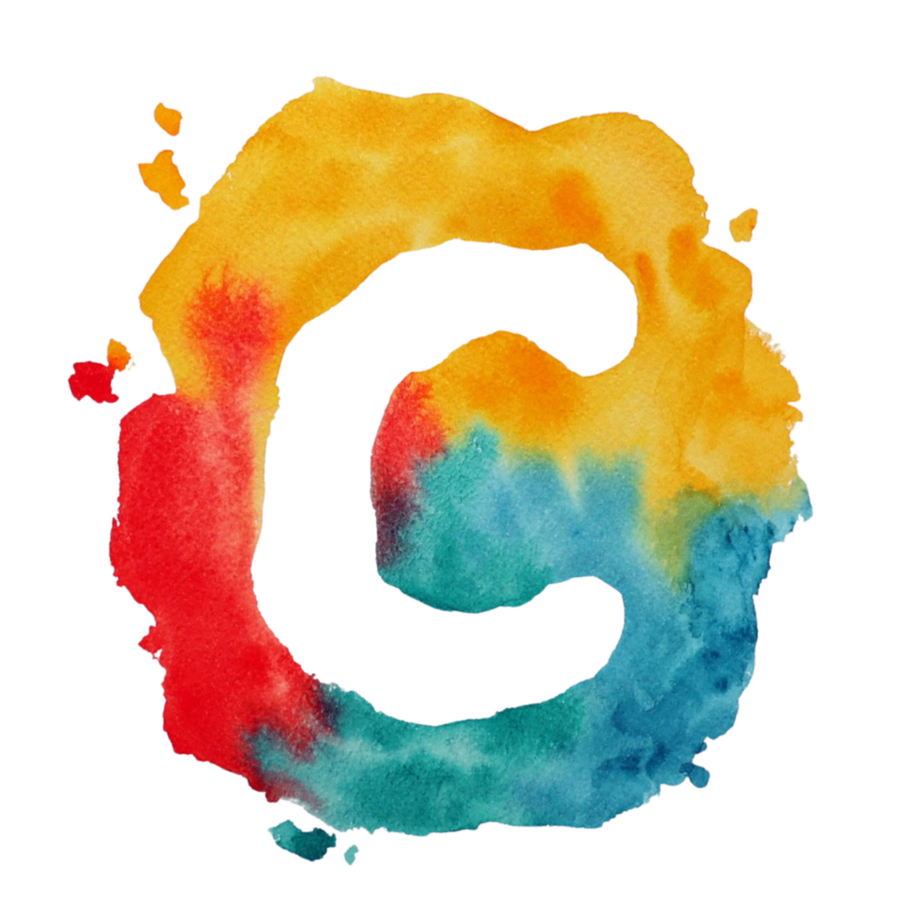 Colorful watercolor background with a white lowercase 'c' in the center.