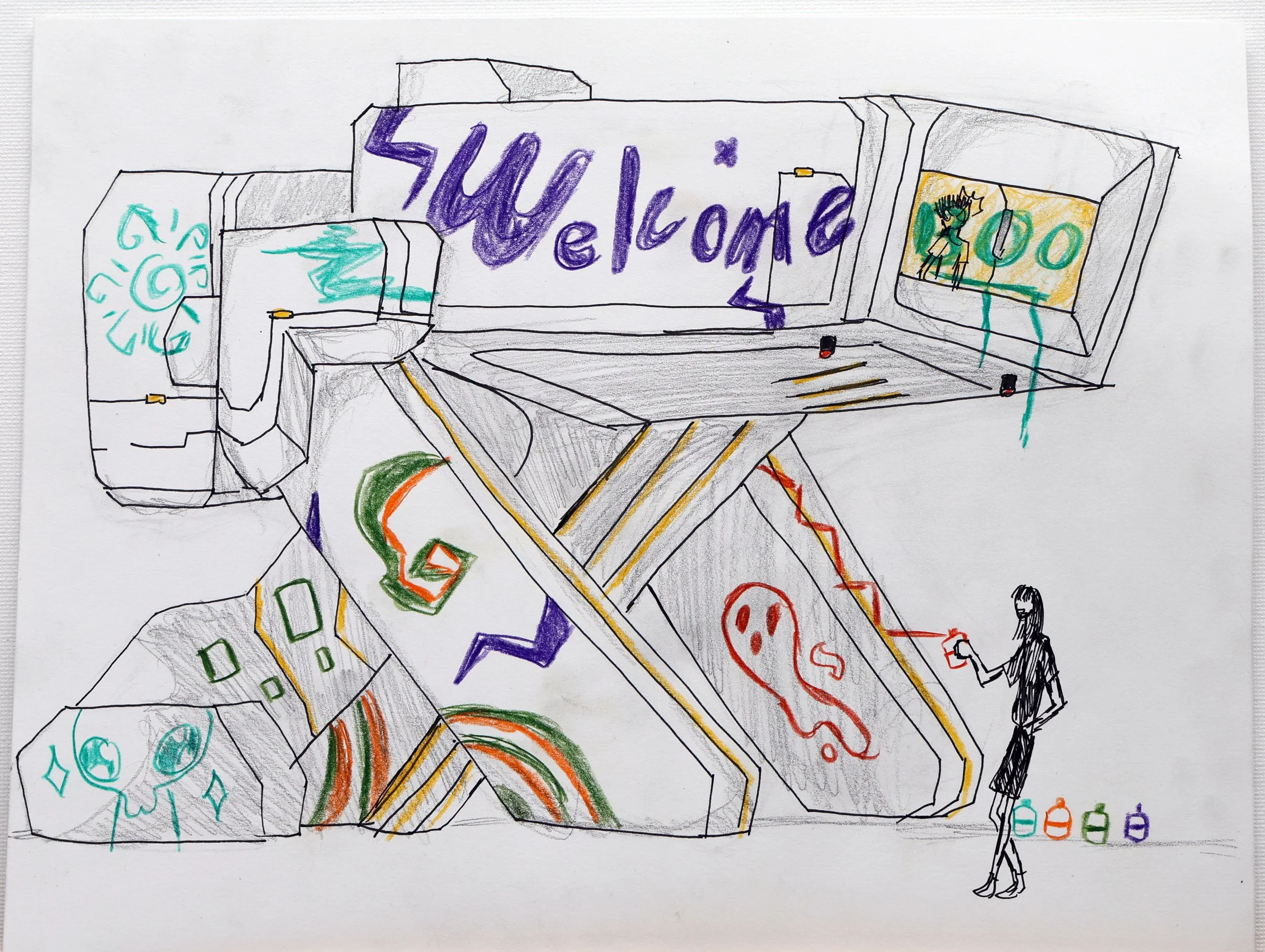 A colorful hand-drawn illustration of a futuristic cityscape with various buildings, graffiti, a woman holding a spray paint can, and decorated bottles on the ground.