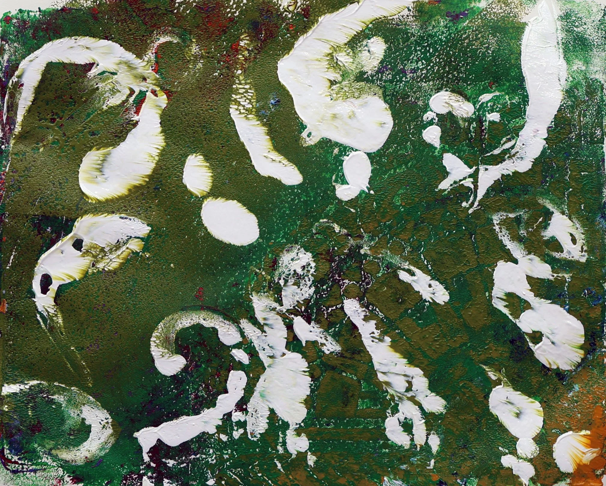 Abstract painting with a green background and white, spiral, and curved shapes.