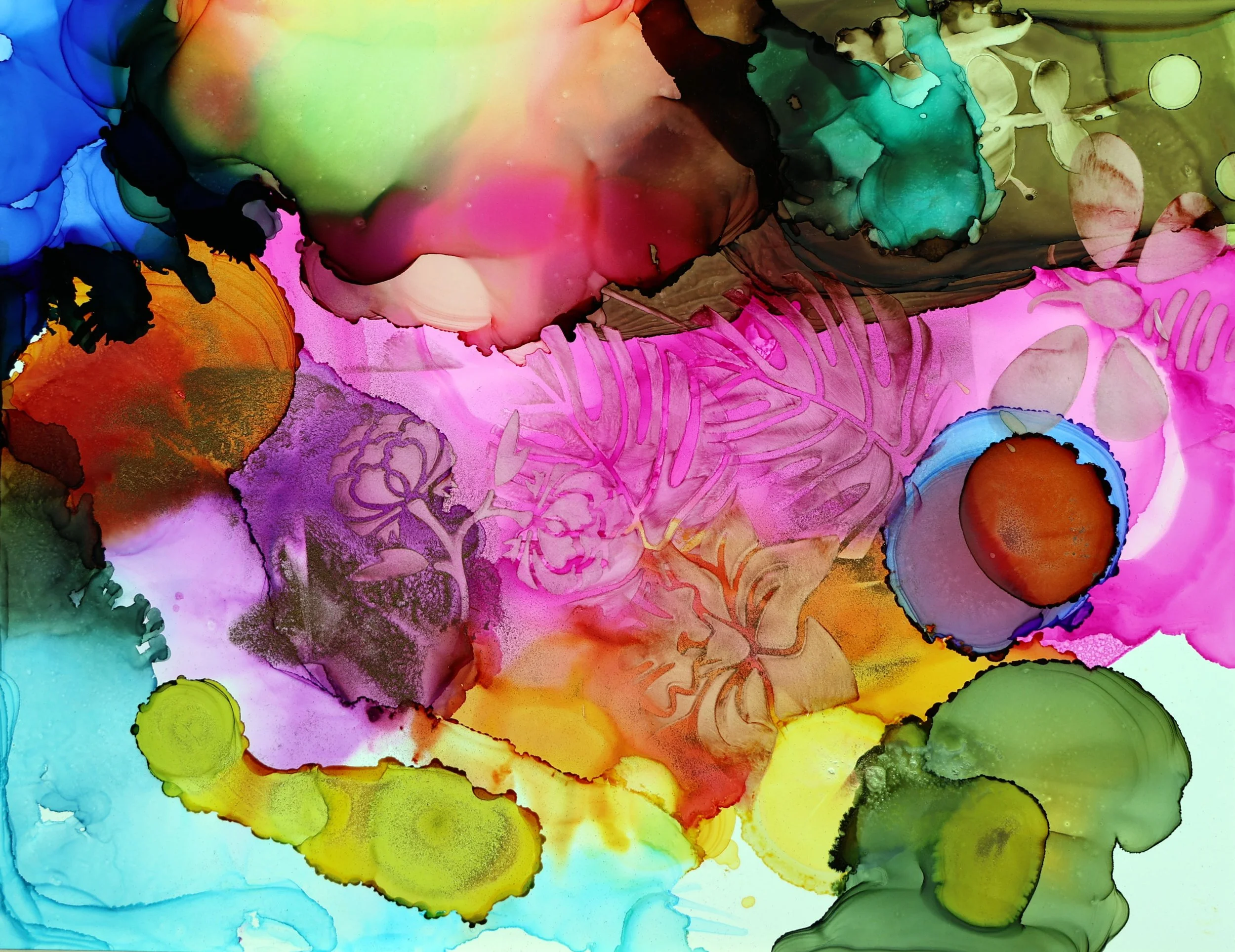 Abstract watercolor painting featuring vibrant colors such as pink, green, blue, yellow, and orange with overlapping shapes and soft edges, including circular forms and plant-like patterns.
