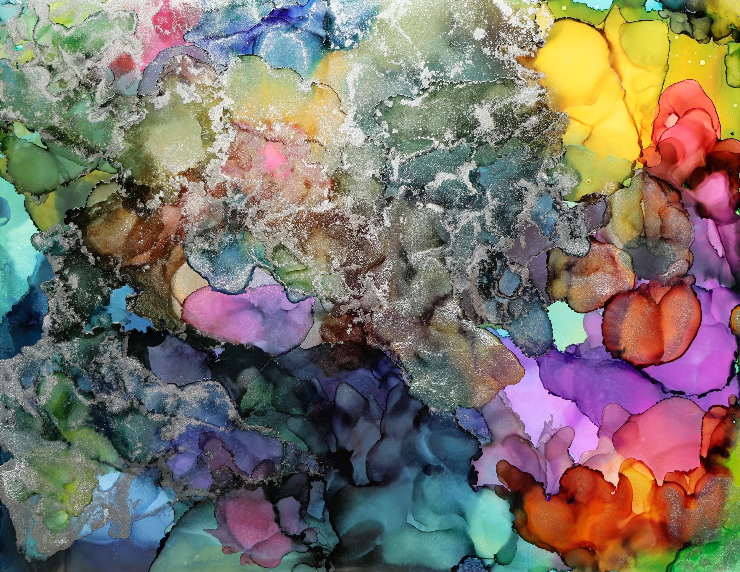 Abstract watercolor painting with vibrant and varied colors, including yellow, pink, purple, blue, green, and orange, with black outlines and textures.