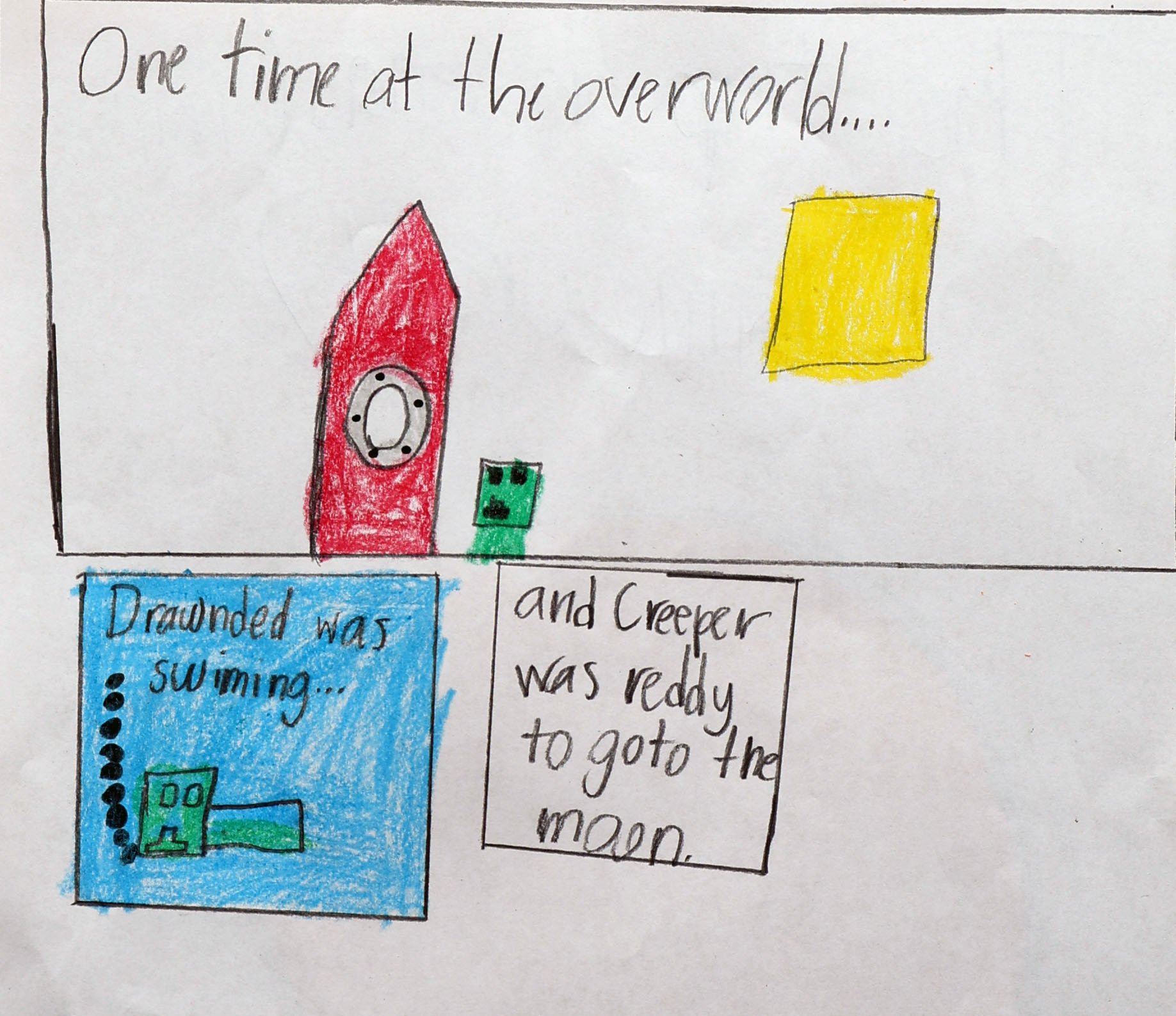A child's drawing depicts a scene titled 'One time at the overworld...' with colorful illustrations of a red rocket, a green creeper, and a yellow block from Minecraft. The drawing includes a blue box with black dots and the words 'Drawned was swimmi