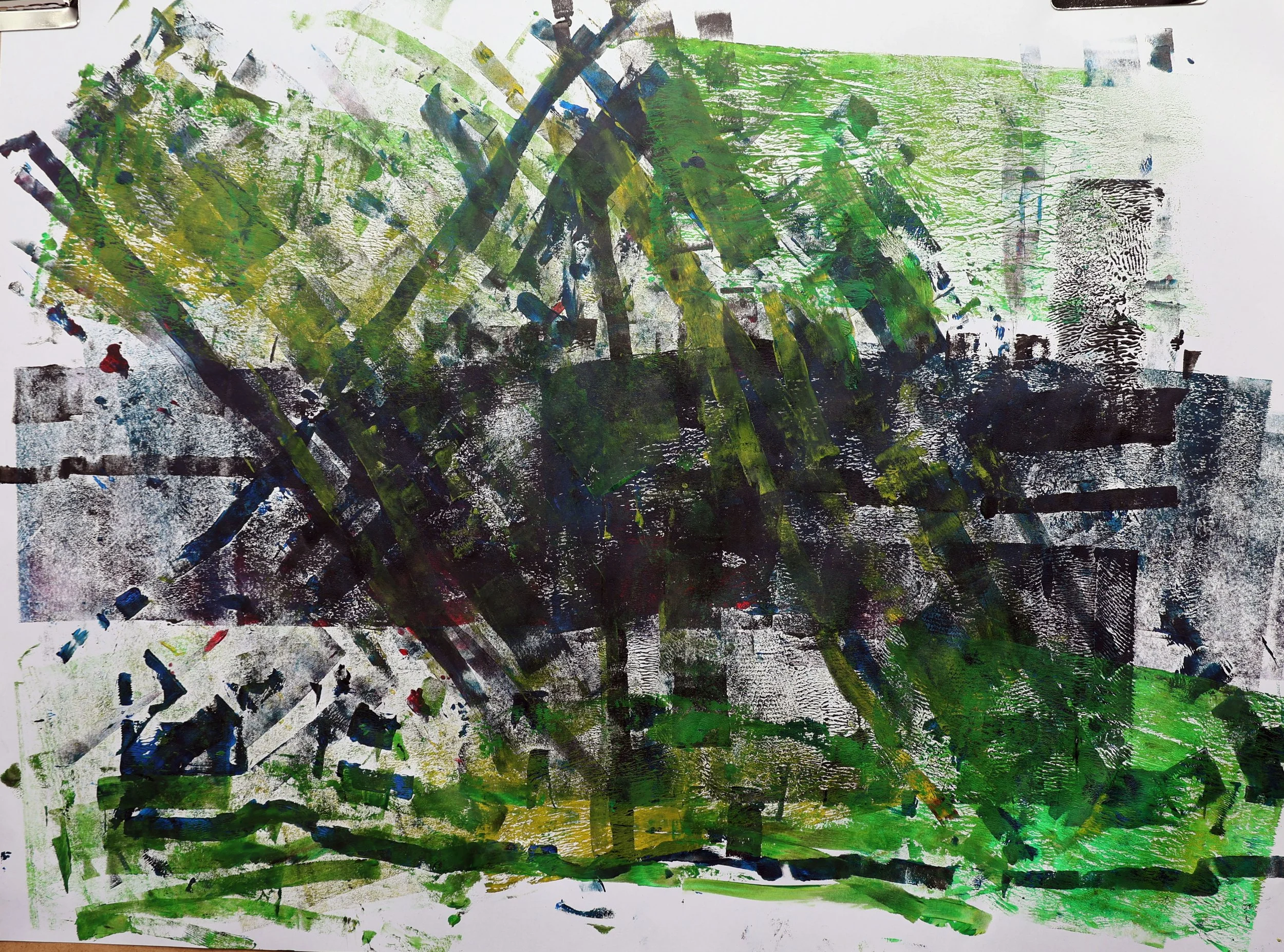 Abstract painting with splashes of black, green, yellow, and blue on white paper.