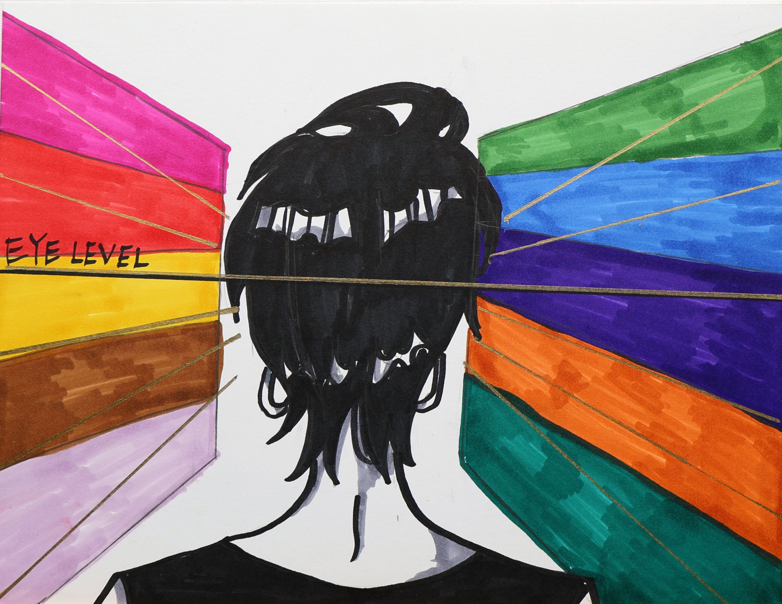A drawing of a person with black hair facing away, with colorful rainbow-like bars extending from their head towards the edges of the image, with the phrase 'EYE LEVEL' written on the left side.