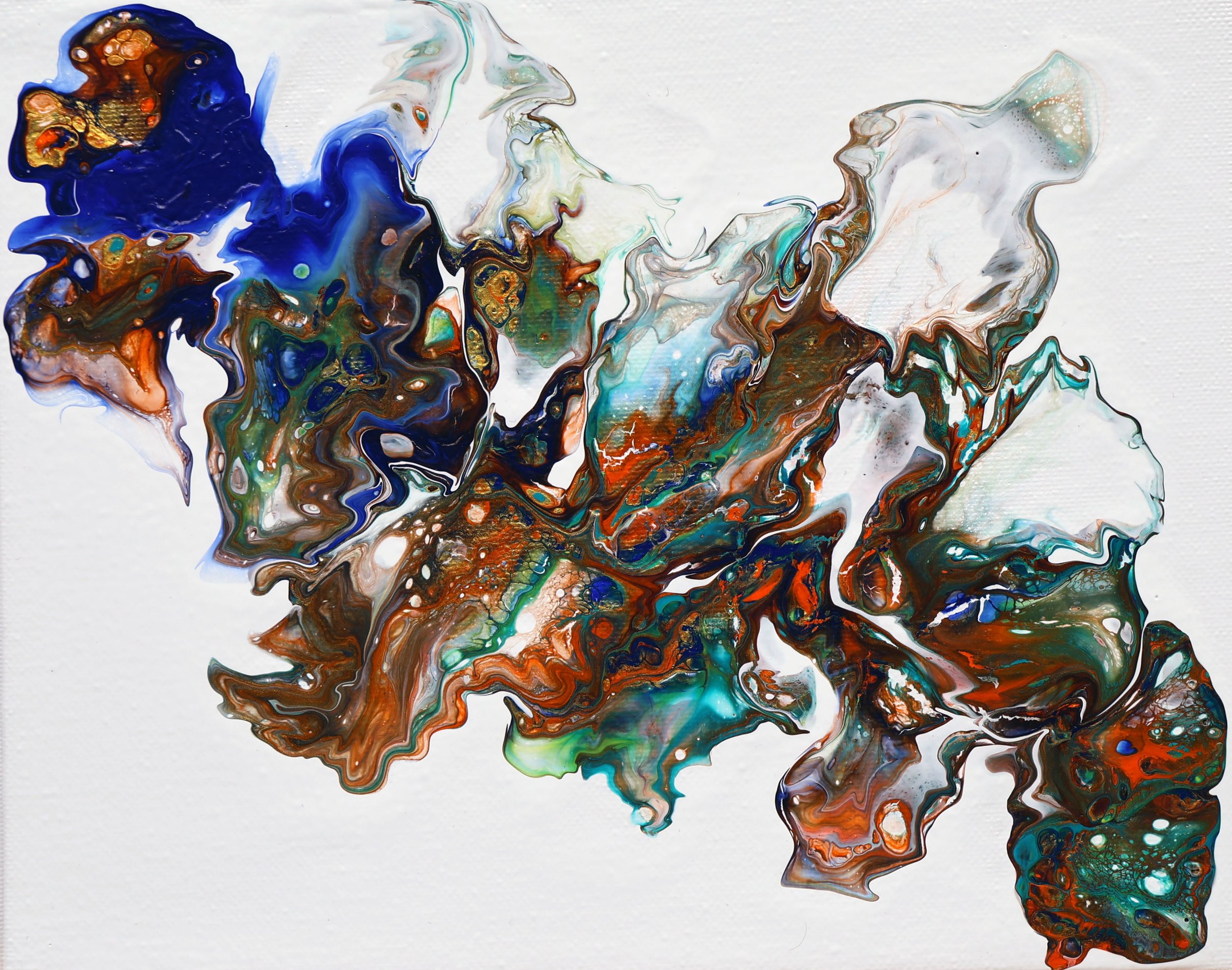 Abstract painting with swirling colors of blue, orange, green, brown, and white.