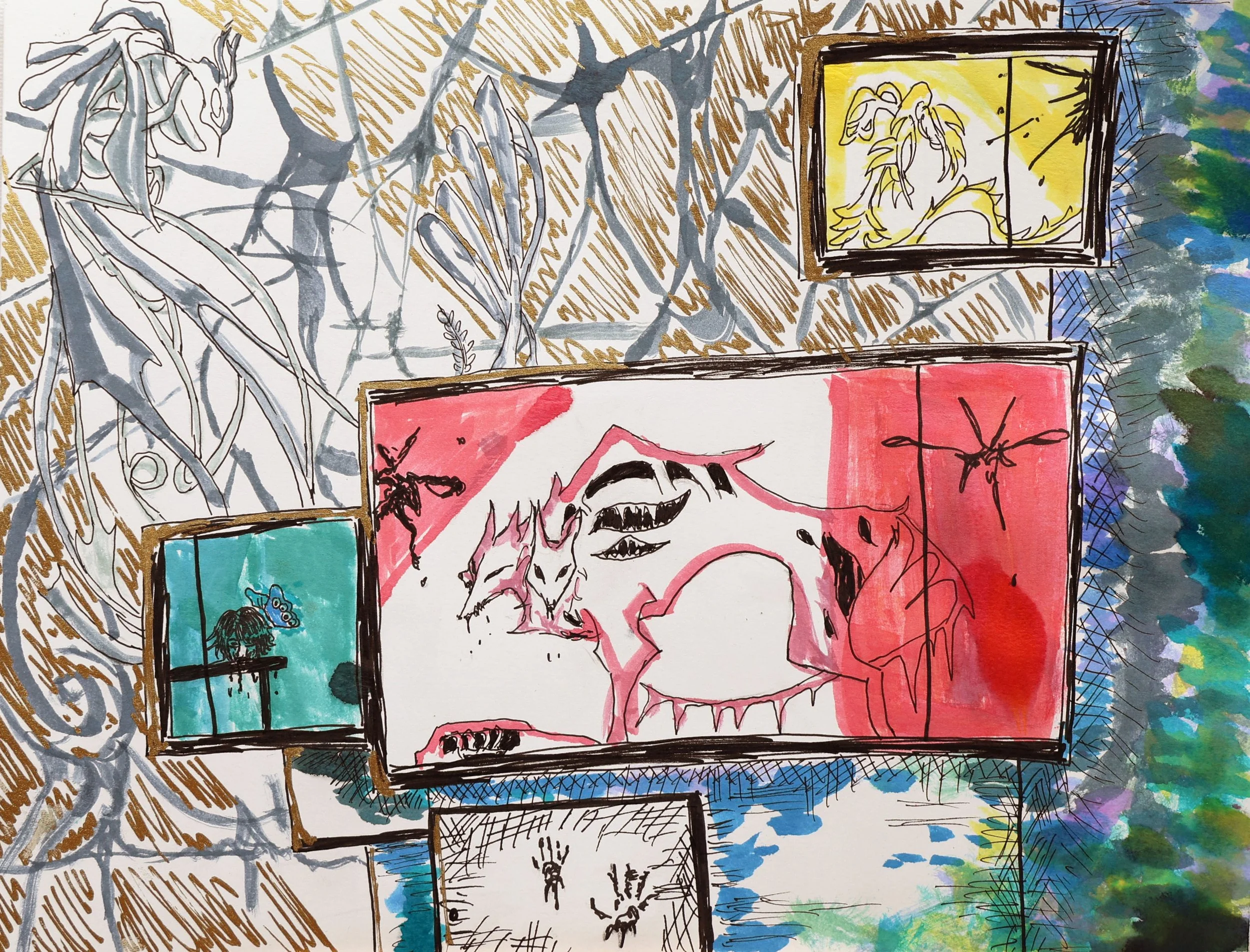 A colorful, abstract art collage of various paintings and drawings on a wall, including a large dragon in the center with pink and white colors, surrounded by smaller pieces featuring other mythical creatures and abstract designs. The background incl