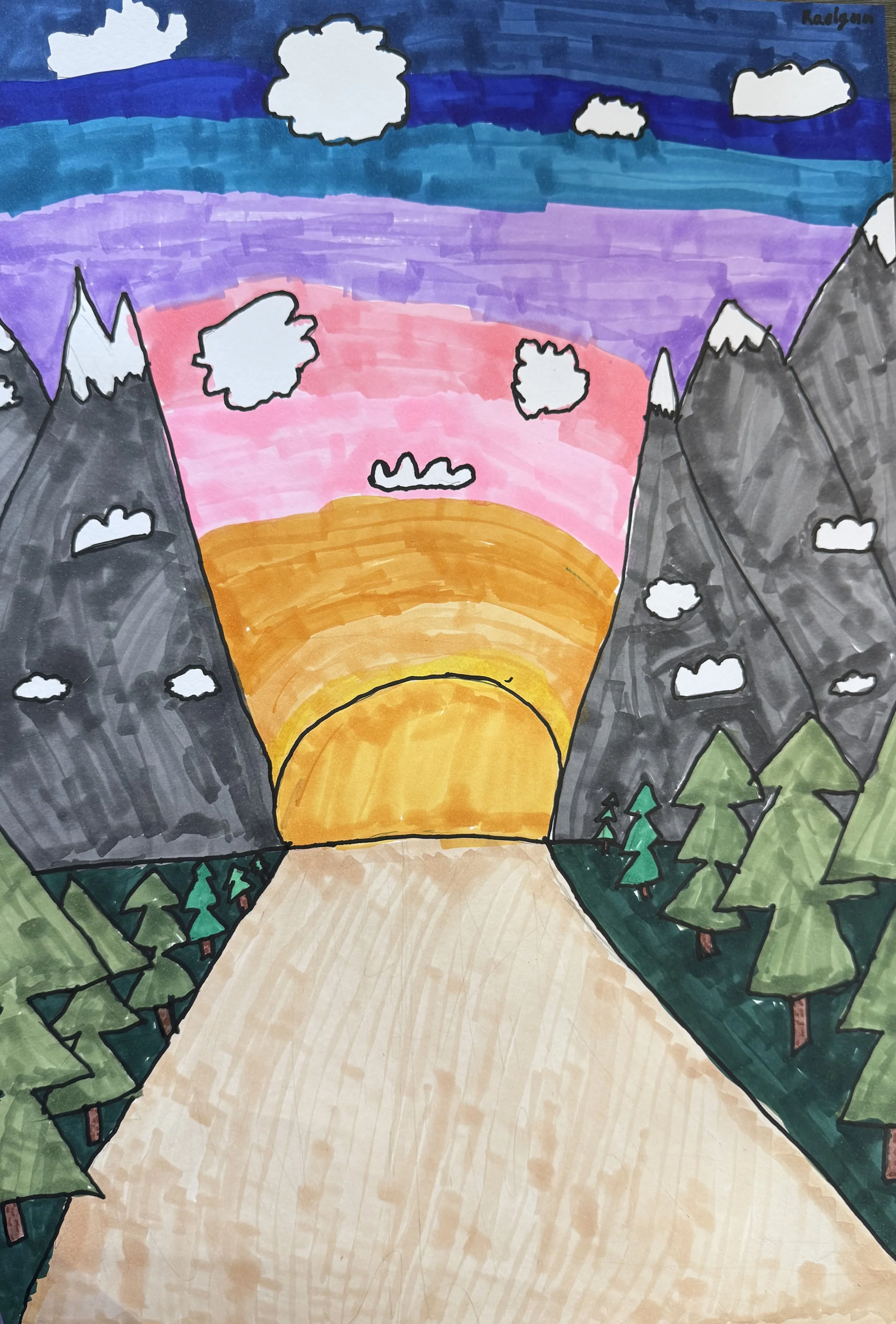 A colorful drawing of a mountain landscape at sunset with a rainbow-colored sky, snow-capped mountains, green trees, and a dirt path or river in the foreground.