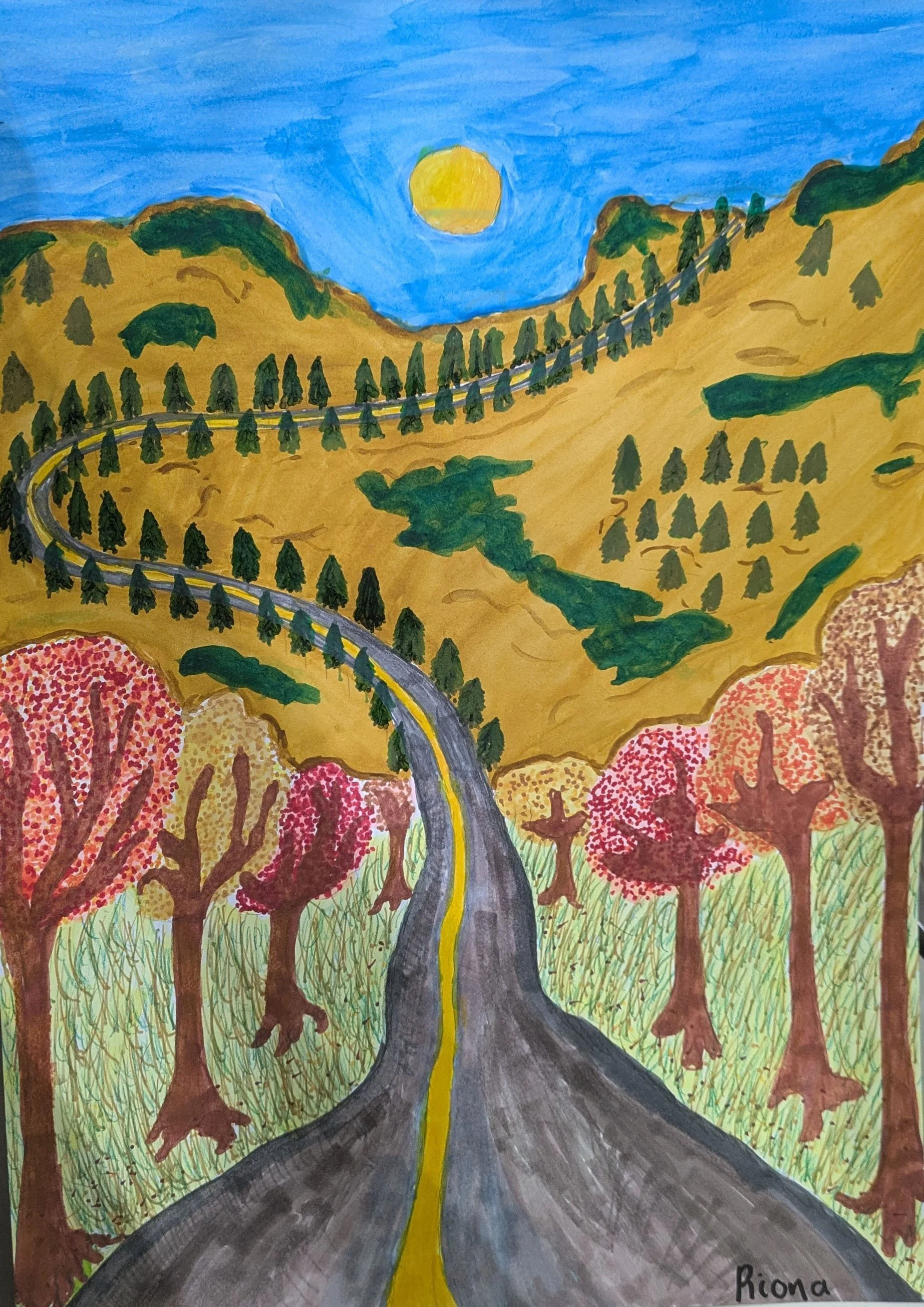 A colorful painting of a winding road through a forest with trees in red, orange, and green, a hillside with green trees, and a bright yellow sun in a blue sky.