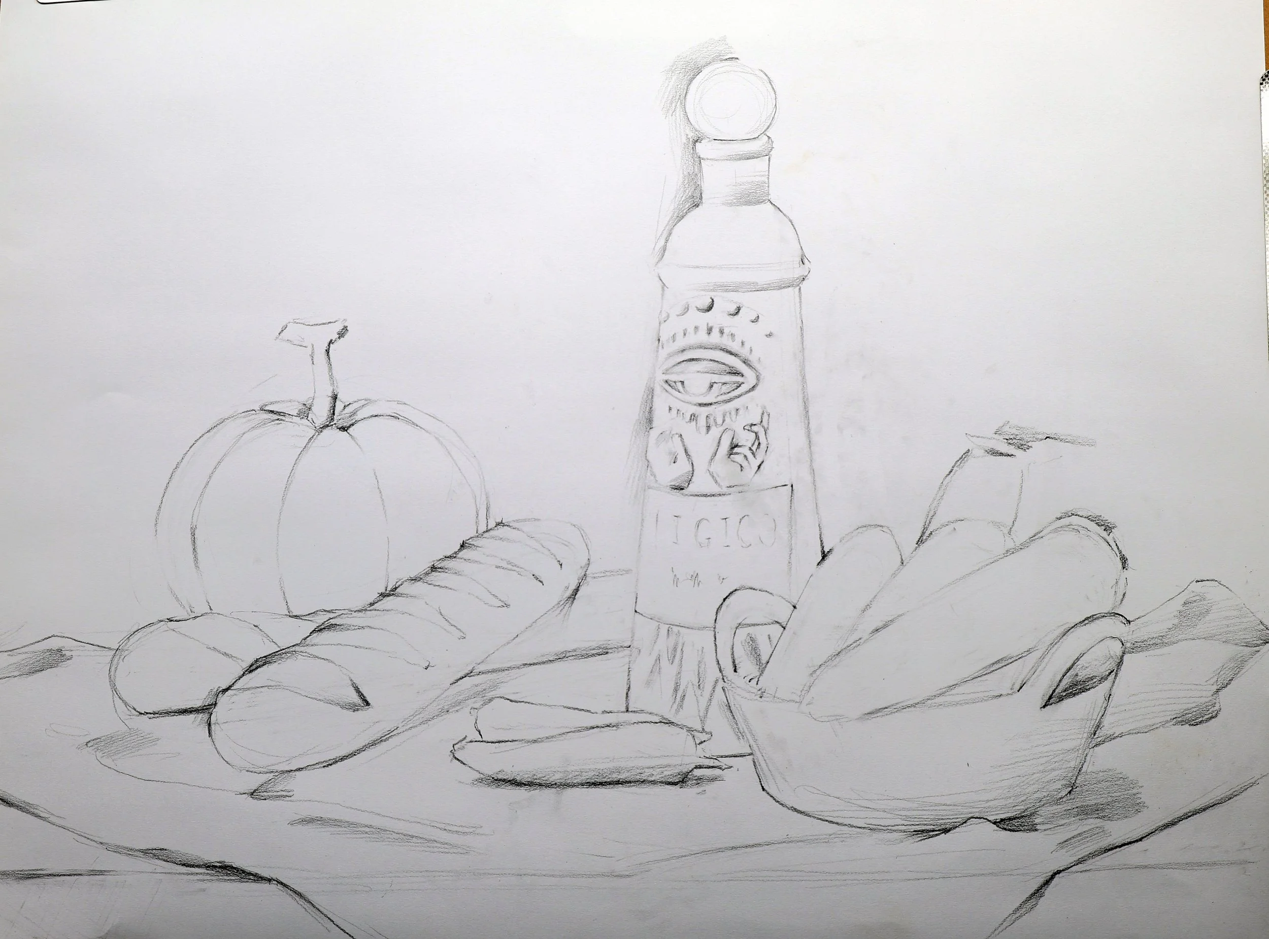 A pencil sketch of food items on a table, including a pumpkin, hot dogs, a bottle of ketchup, and a bowl of vegetables.