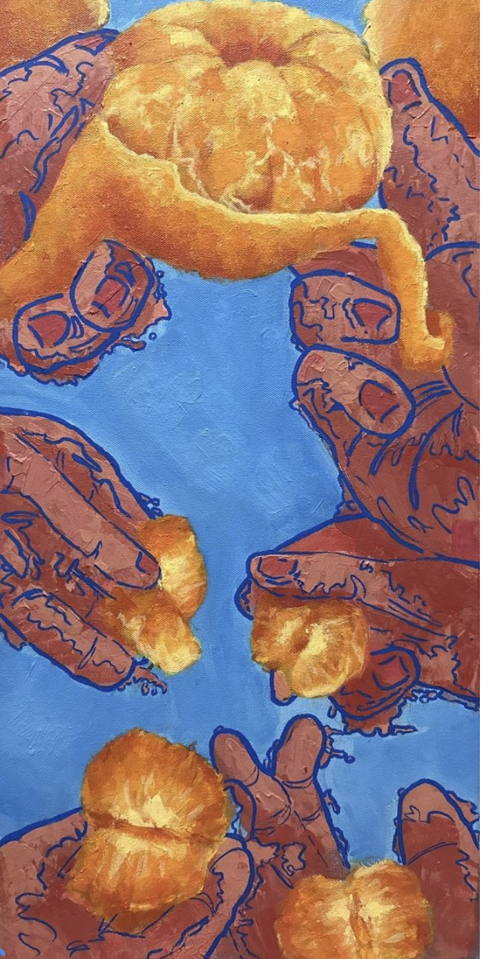 A painting of multiple hands holding and peeling ripe oranges over a blue background.