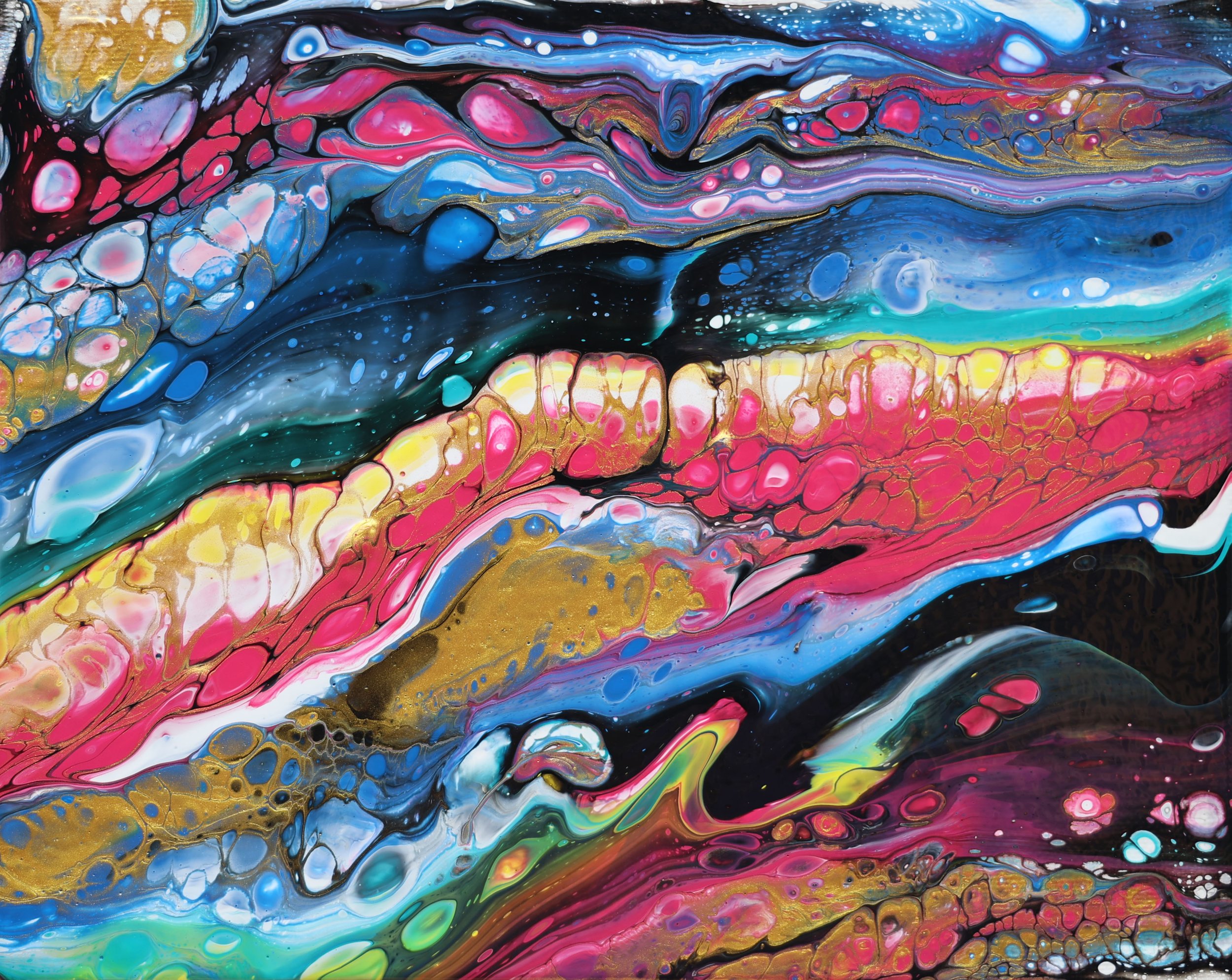 Colorful abstract painting with swirling patterns of pink, blue, yellow, black, and white.