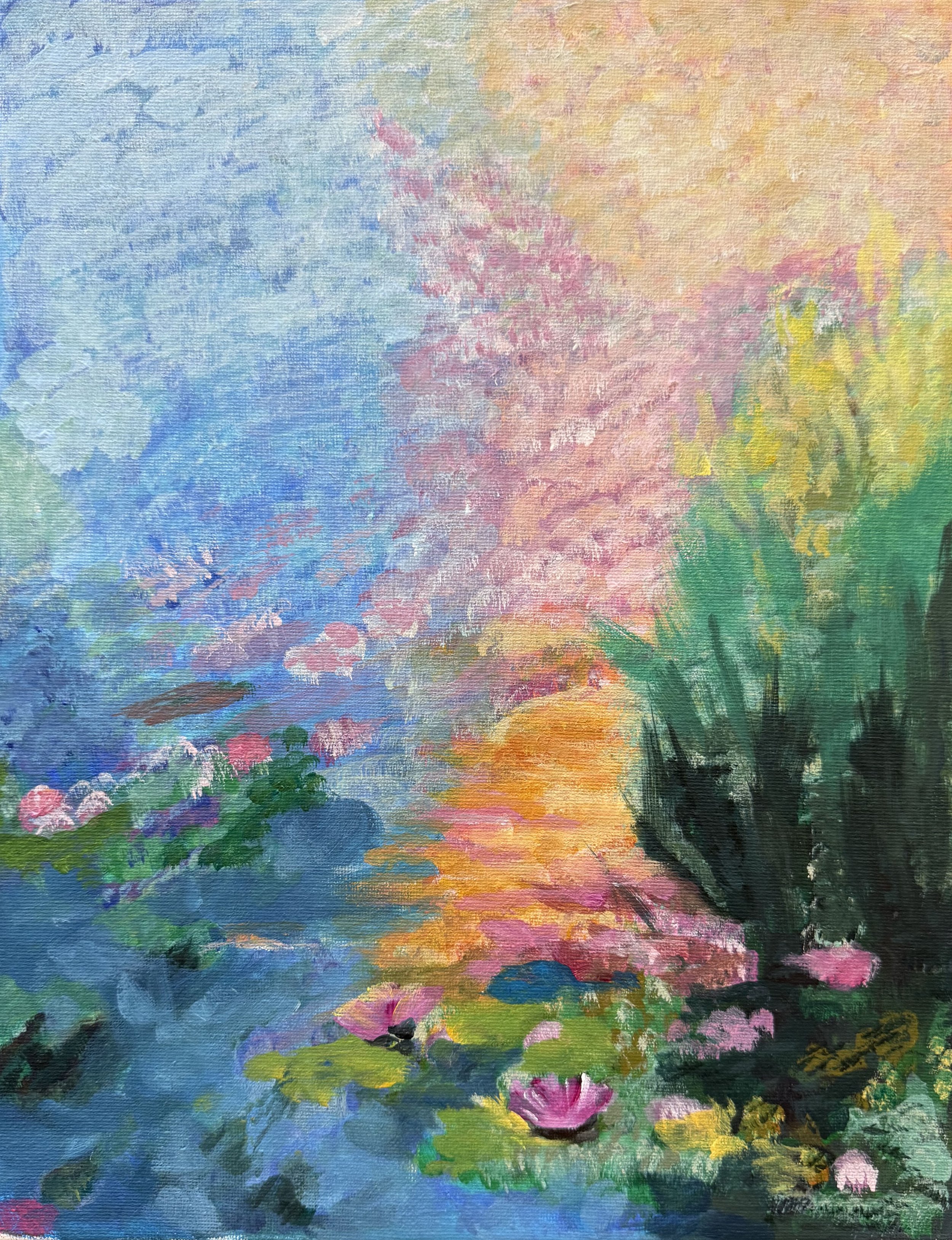 A colorful impressionist-style painting of a pond with pink water lilies, surrounded by greenery, with reflections of trees and a body of water.
