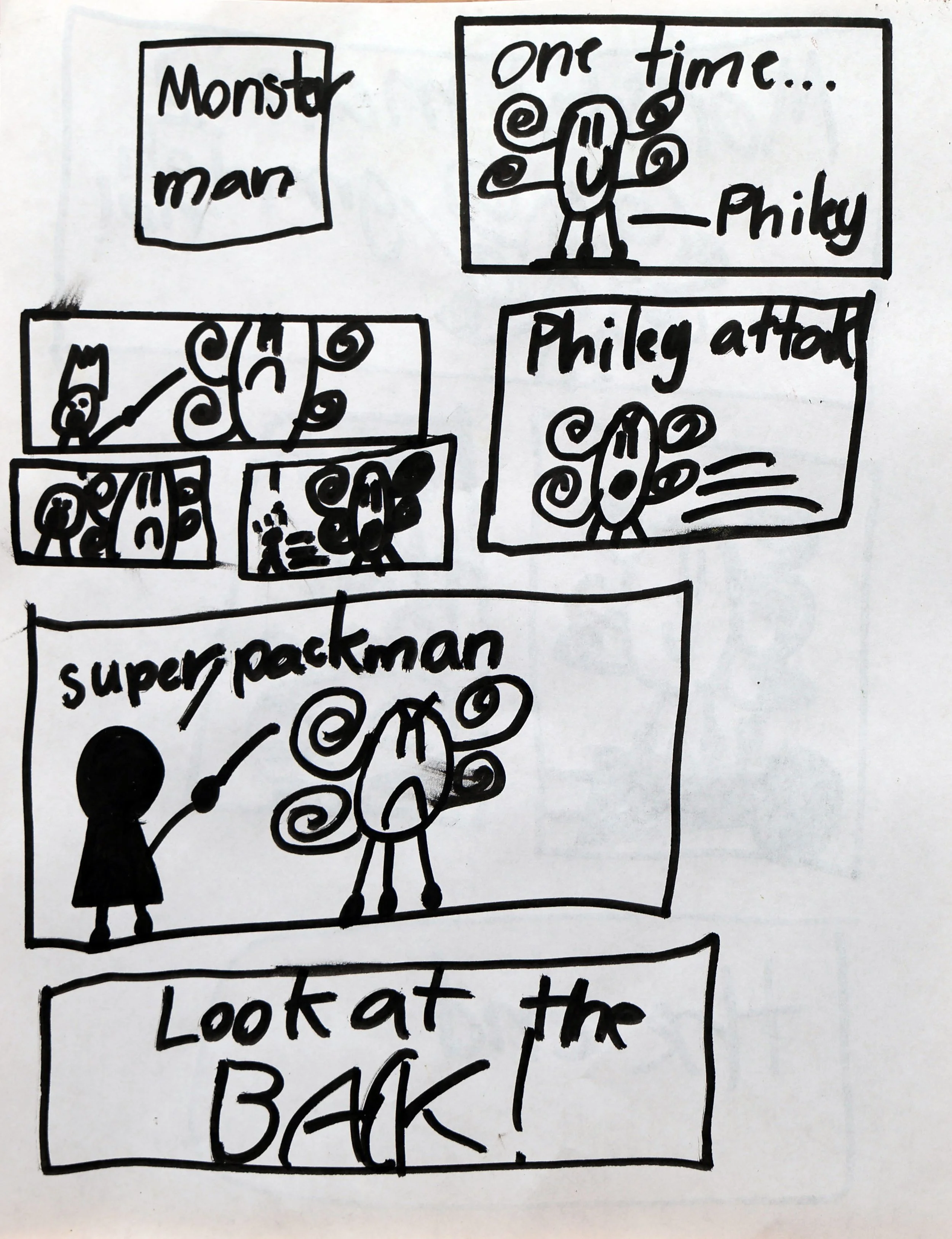 Hand-drawn comic strip titled "Monster man" with cartoon characters, including a small character, a butterfly, and a super packman, with dialogue about meeting a butterfly and attacking it, ending with a character saying "Look at the back!".