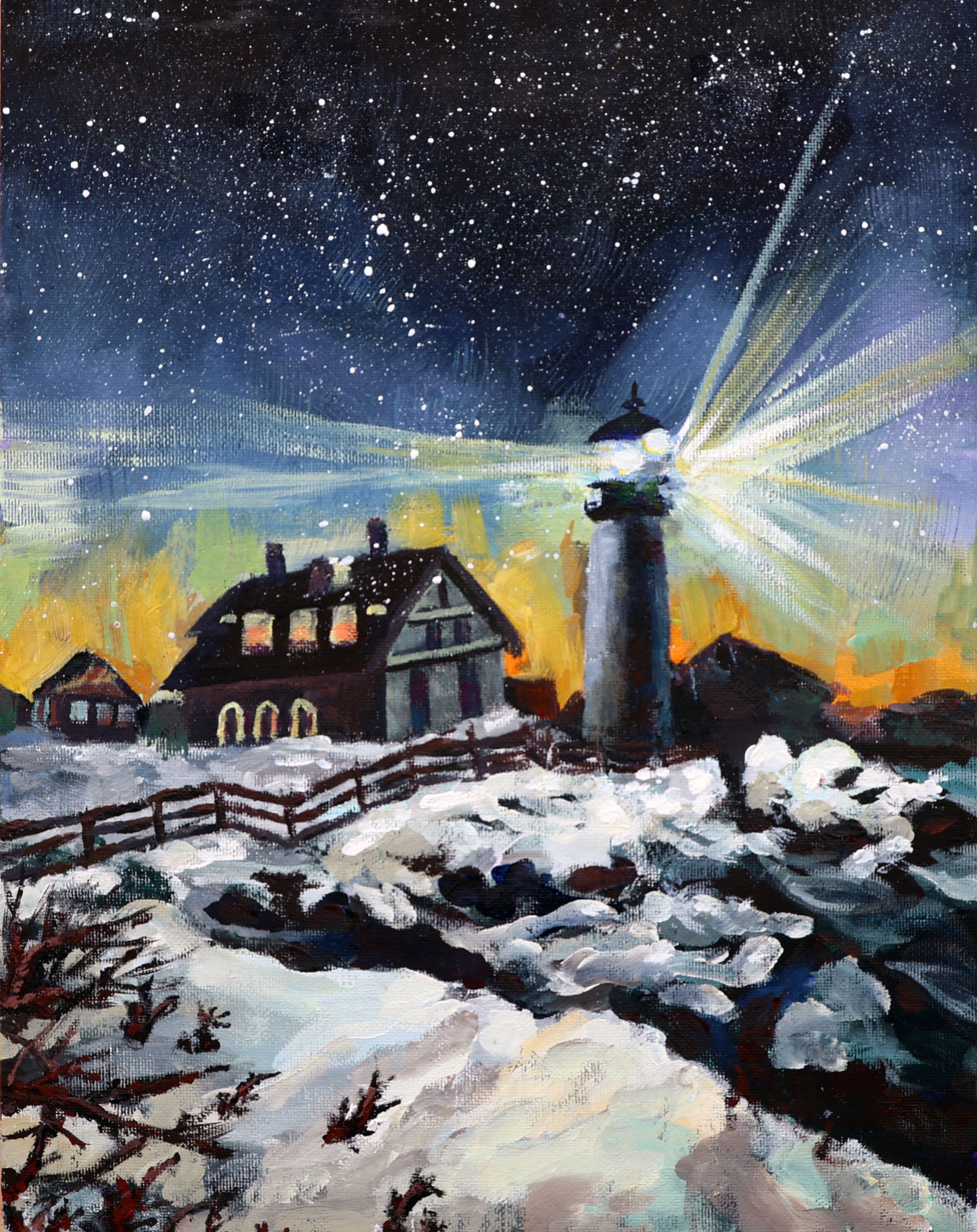 A painting of a lighthouse and houses at night during winter, with a starry sky and aurora borealis.